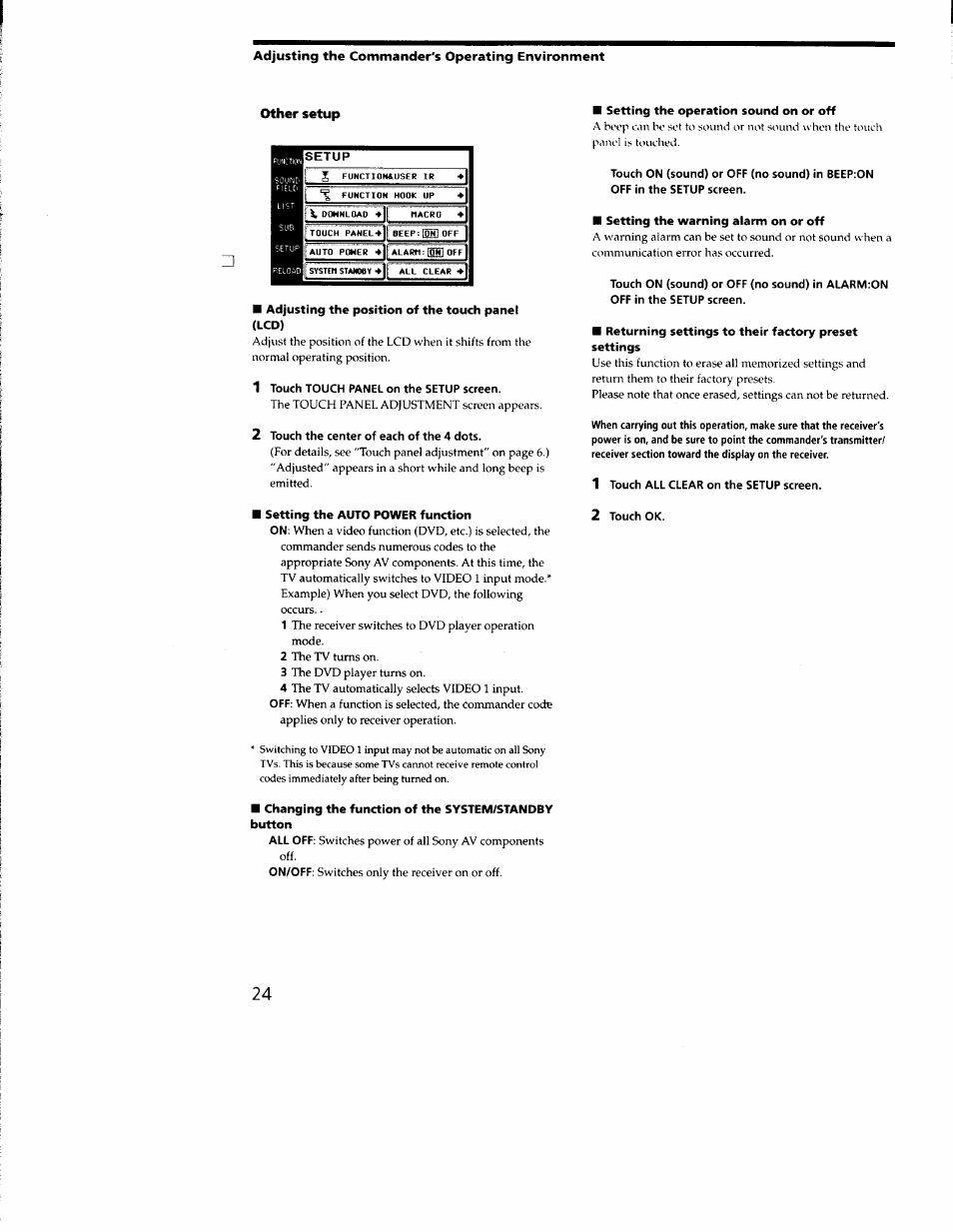 Other setup, Adjusting the position of the touch panel (lcd), Setting the auto power function | Changing the function of the system/standby button, Setting the operation sound on or off, Setting the warning aiarm on or off, 1 touch all clear on the setup screen, 2 touch ok | Sony RM-TP502 User Manual | Page 24 / 27