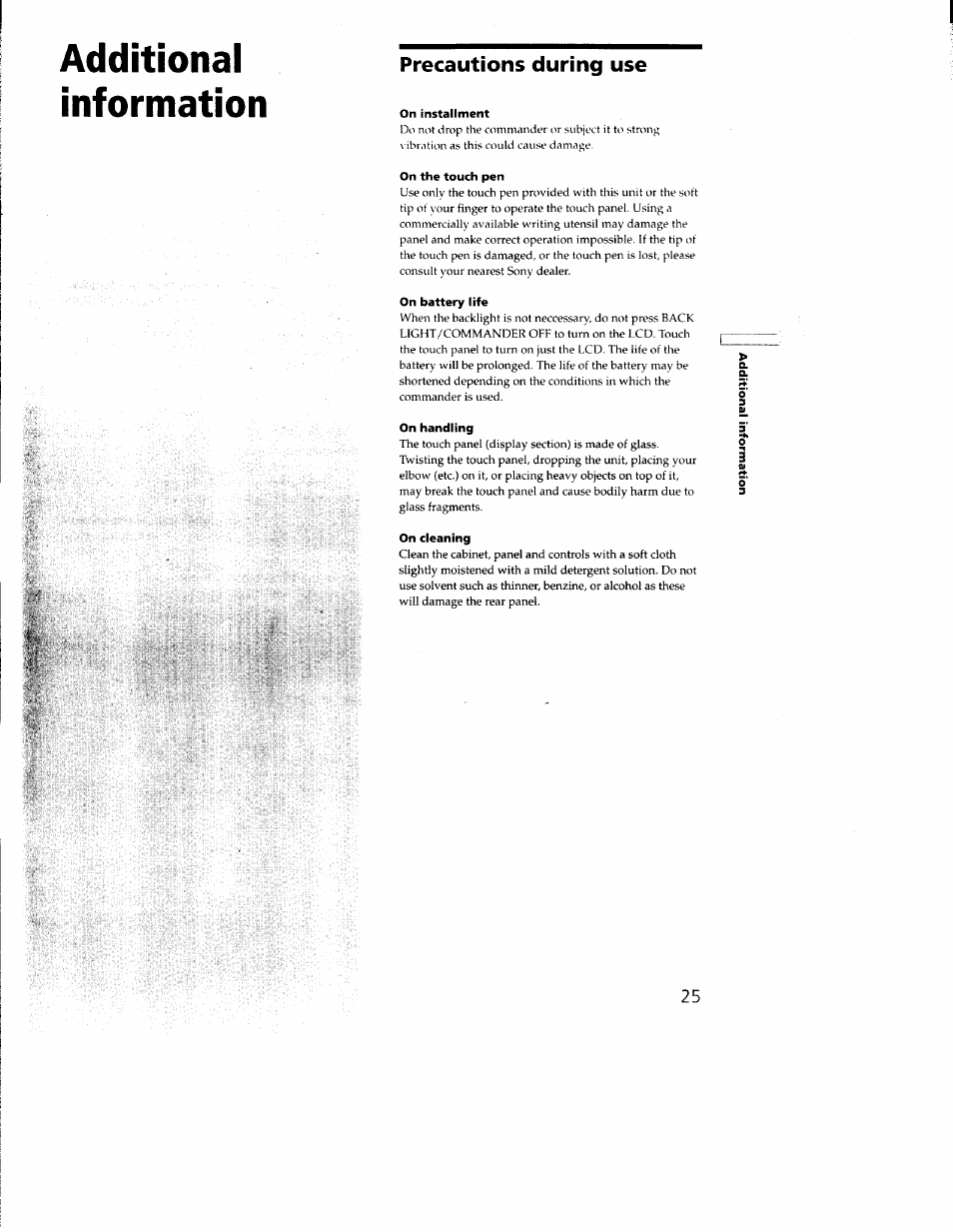 Precautions during use, On installment, On the touch pen | On battery life, On handling, On cleaning, Information, Additional | Sony RM-TP502 User Manual | Page 25 / 27