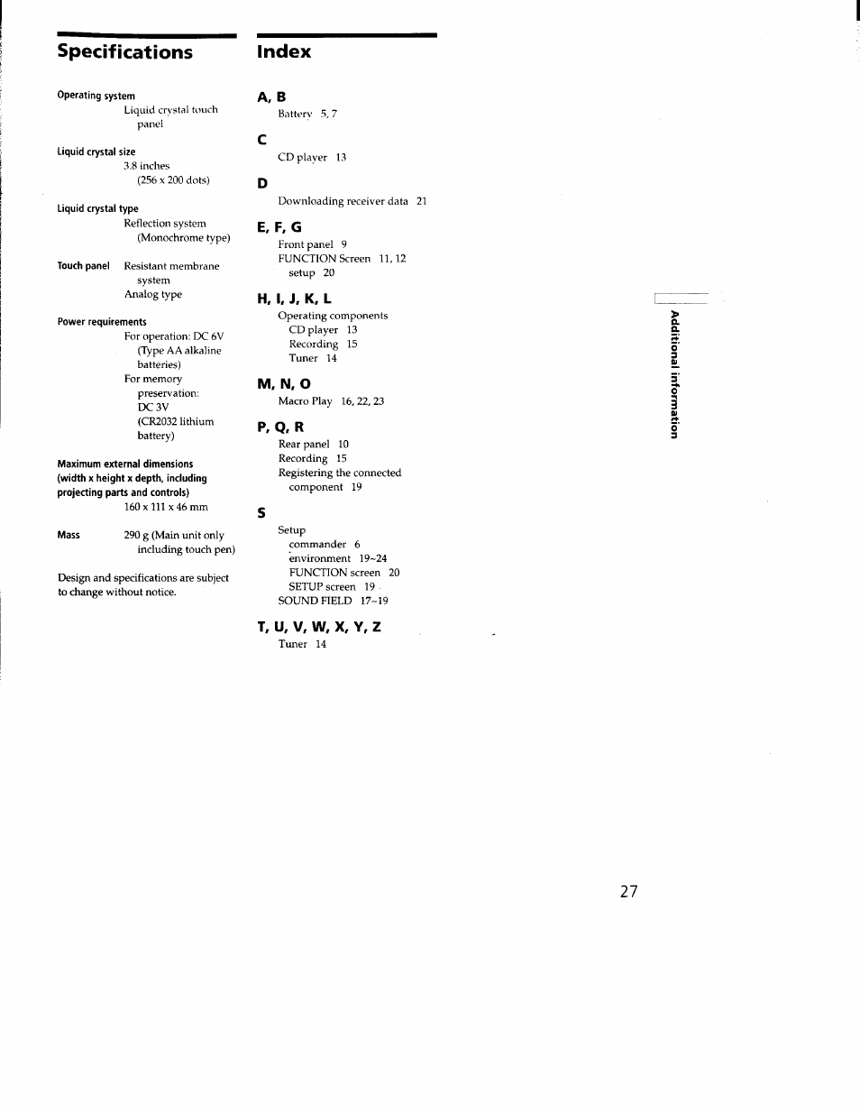 Operating system, Liquid crystal size, Liquid crystal type | Power requirements, Maximum external dimensions, Width x height x depth, including, Projecting parts and controls), A, b, E. f, g, H, i. j, k, l | Sony RM-TP502 User Manual | Page 27 / 27