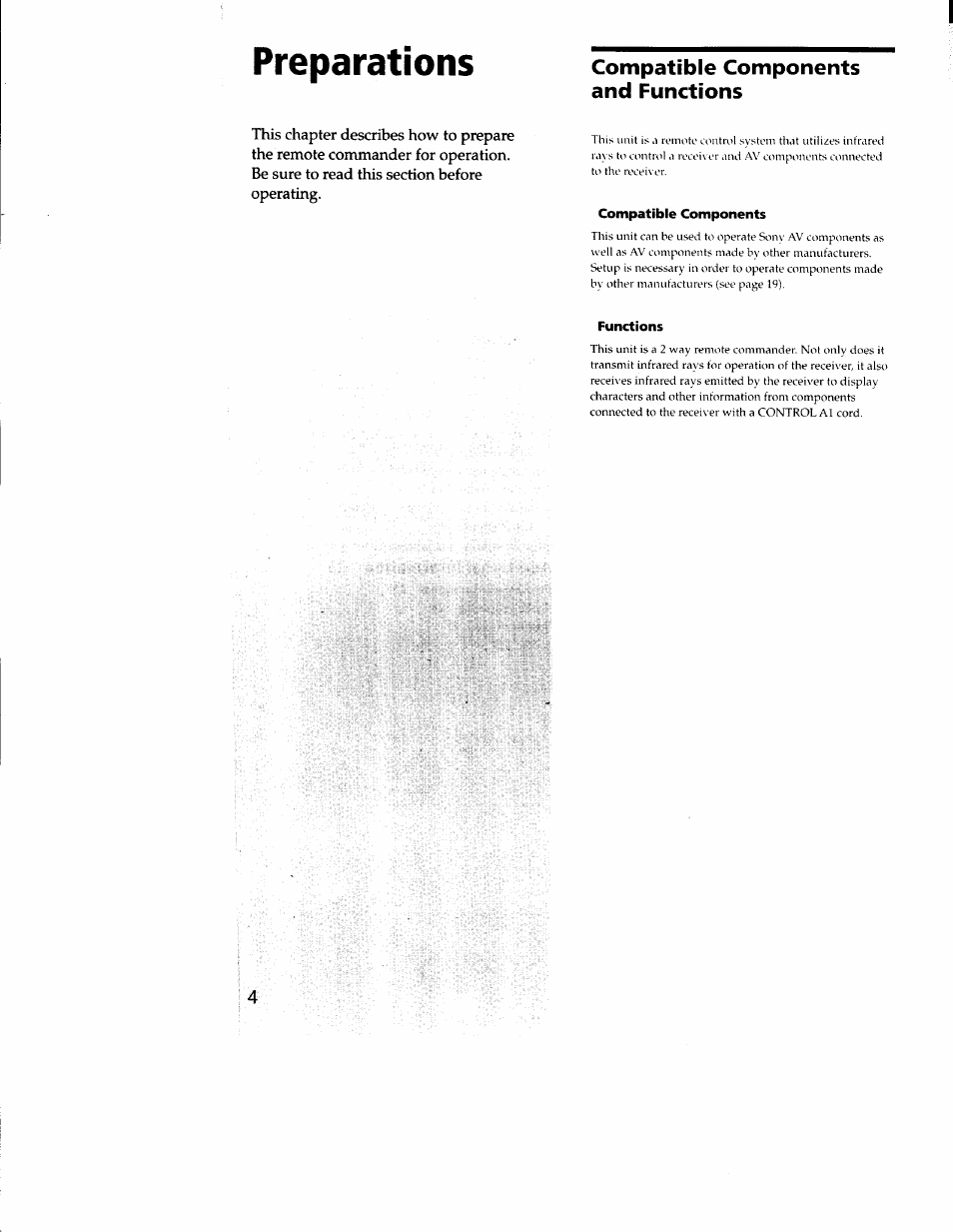 Preparations, Compatible components and functions, Compatible components | Functions | Sony RM-TP502 User Manual | Page 4 / 27