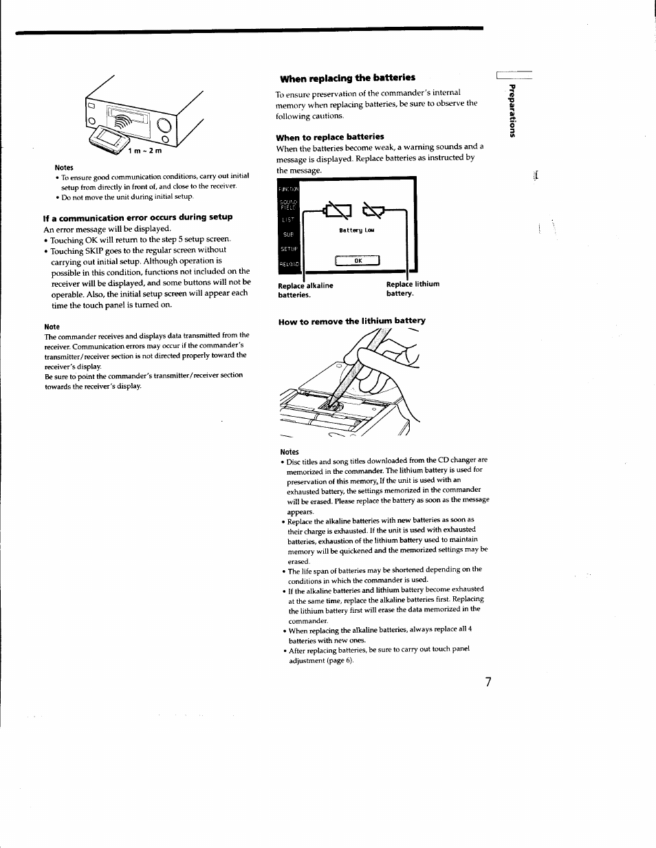 If a communication error occurs during setup, When replacing the batteries, When to replace batteries | How to remove the lithium battery | Sony RM-TP502 User Manual | Page 7 / 27