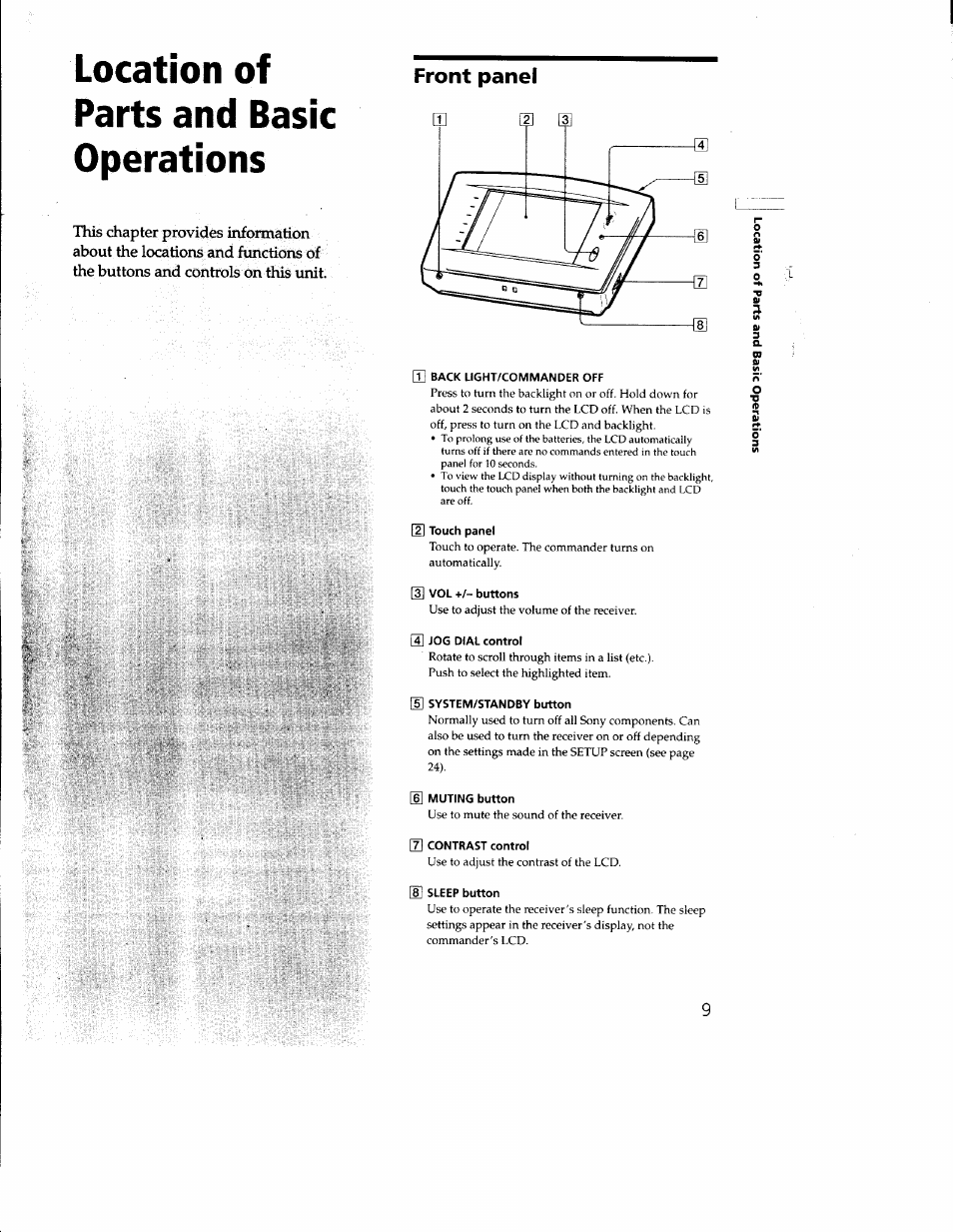 Location of parts and basic operations, Front panel, M back light/commander off | 2] touch panel, 3] vol +/- buttons, 4] jog dial control, H] system/standby button, 1] muting button, 3 contrast control, 8] sleep button | Sony RM-TP502 User Manual | Page 9 / 27