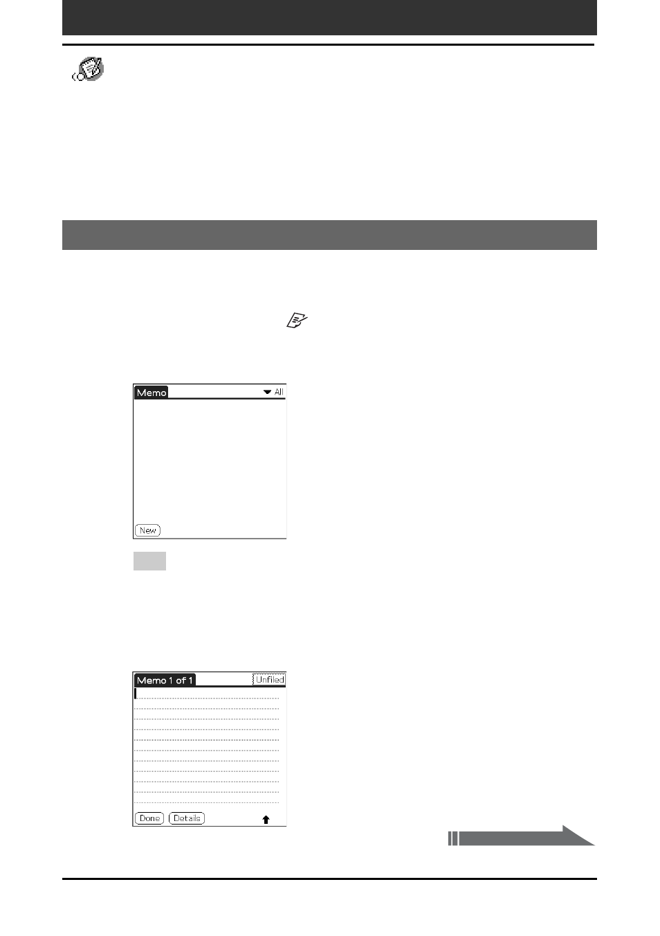 Creating memos (memo pad), Creating a new memo | Sony PEG-T665C User Manual | Page 69 / 218