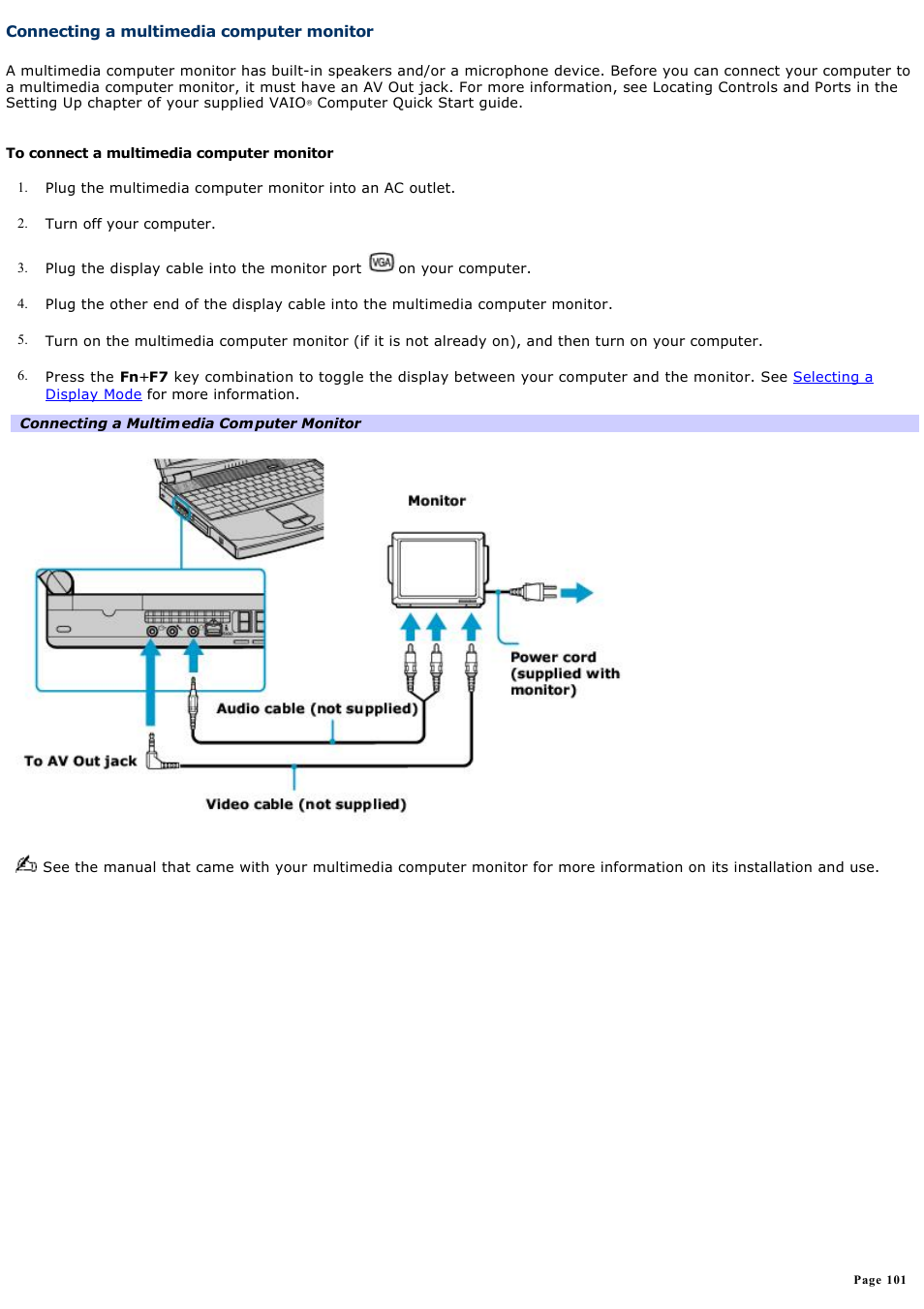 Connecting a multimedia computer monitor | Sony PCG-FXA63 User Manual | Page 101 / 162