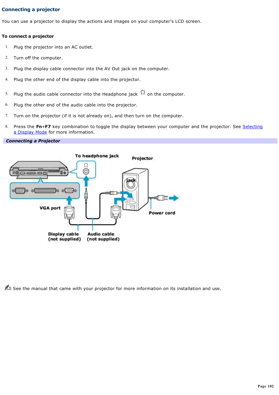 Connecting a projector | Sony PCG-FXA63 User Manual | Page 102 / 162