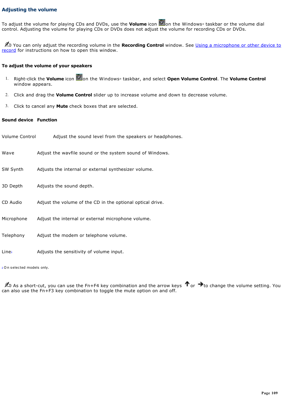 Adjusting the volume | Sony PCG-FXA63 User Manual | Page 109 / 162