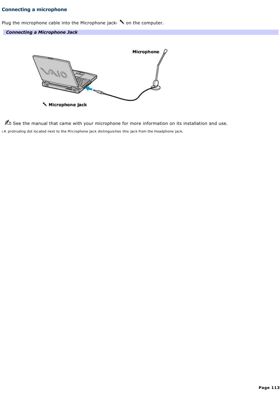 Connecting a microphone | Sony PCG-FXA63 User Manual | Page 113 / 162