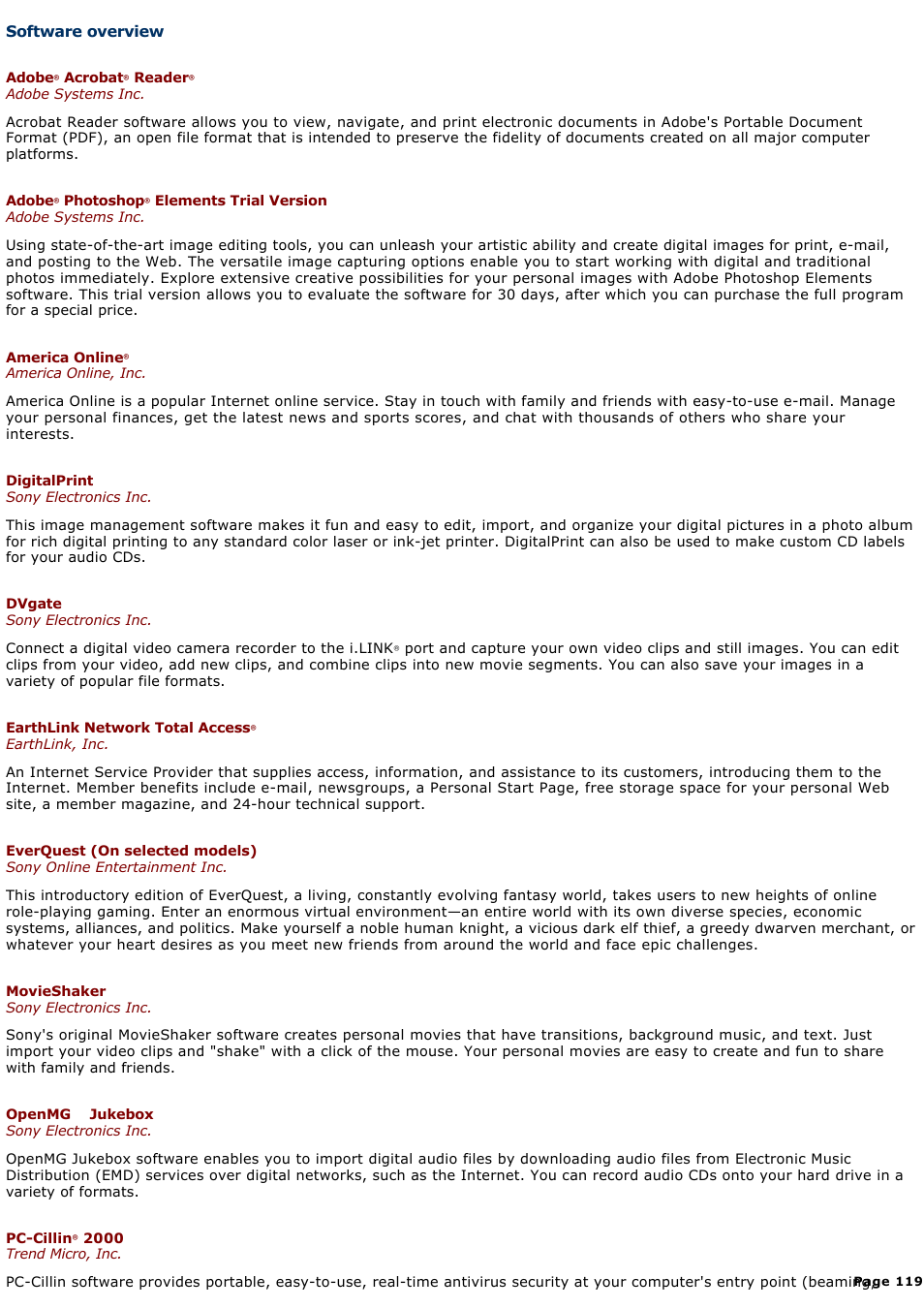 Software overview | Sony PCG-FXA63 User Manual | Page 119 / 162