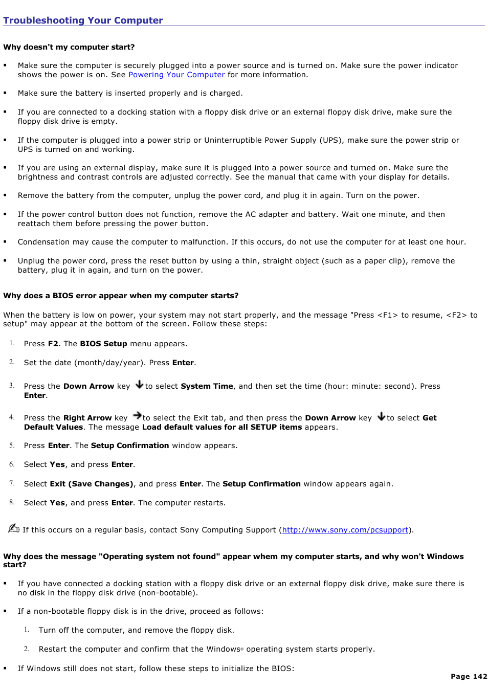 Troubleshooting your computer | Sony PCG-FXA63 User Manual | Page 142 / 162