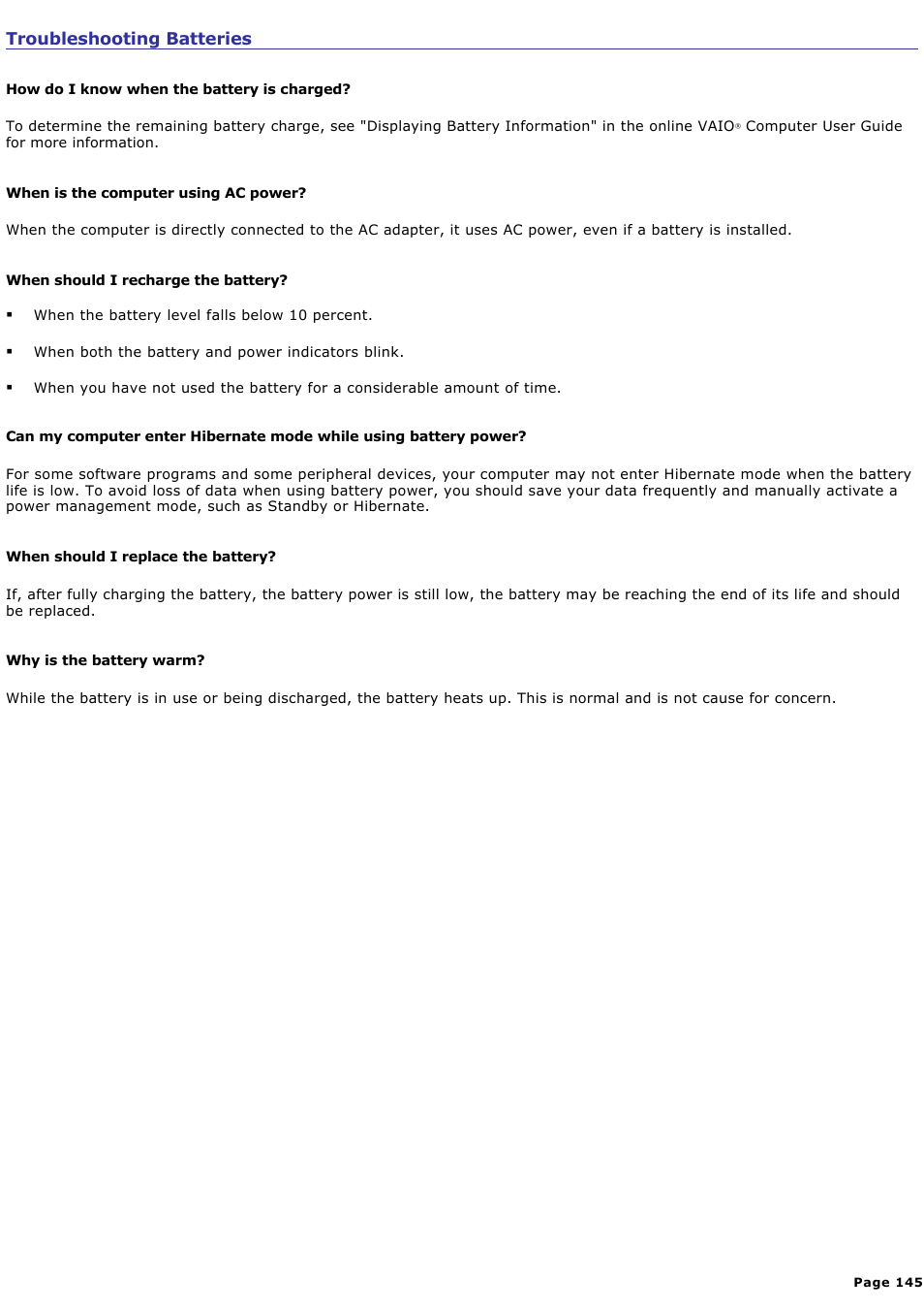 Troubleshooting batteries | Sony PCG-FXA63 User Manual | Page 145 / 162