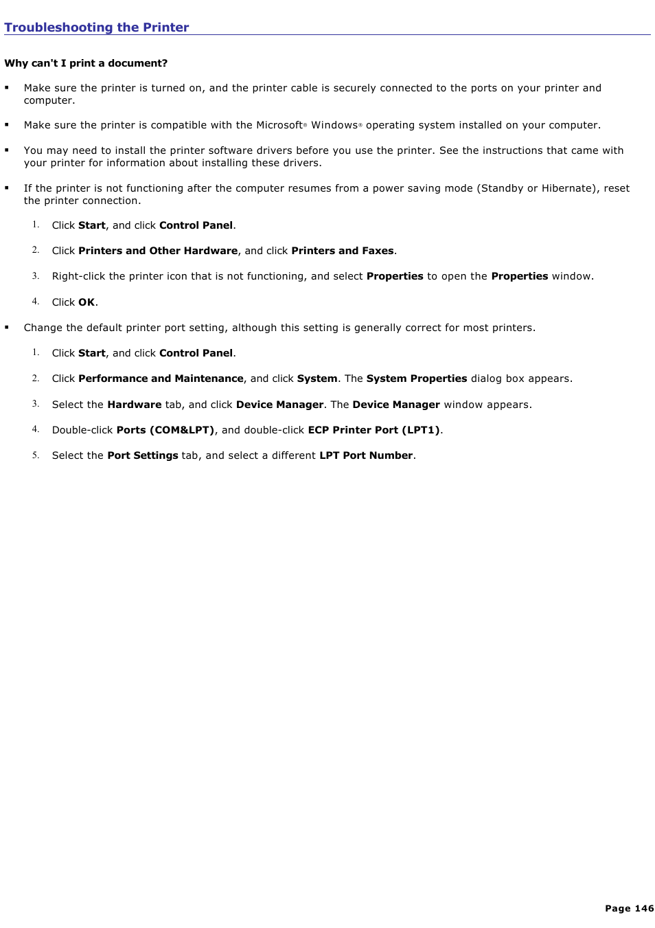 Troubleshooting the printer | Sony PCG-FXA63 User Manual | Page 146 / 162