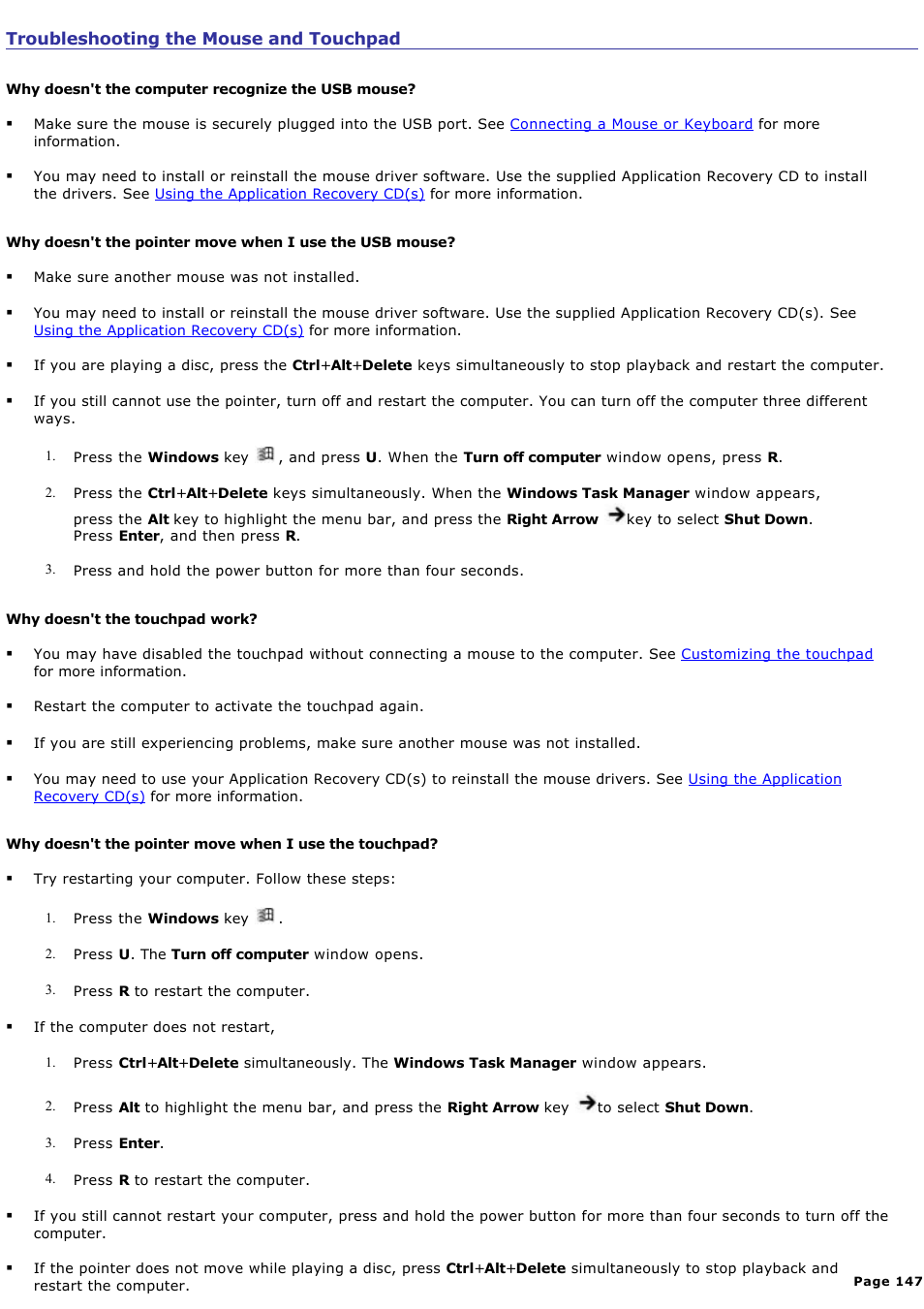 Troubleshooting the mouse and touchpad | Sony PCG-FXA63 User Manual | Page 147 / 162