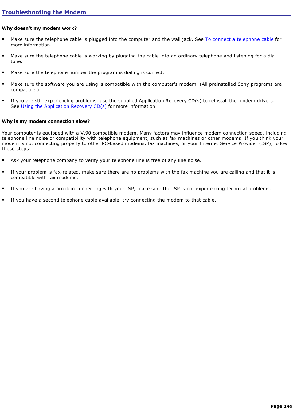 Troubleshooting the modem | Sony PCG-FXA63 User Manual | Page 149 / 162