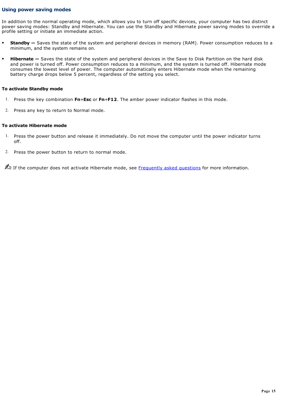 Using power saving modes | Sony PCG-FXA63 User Manual | Page 15 / 162