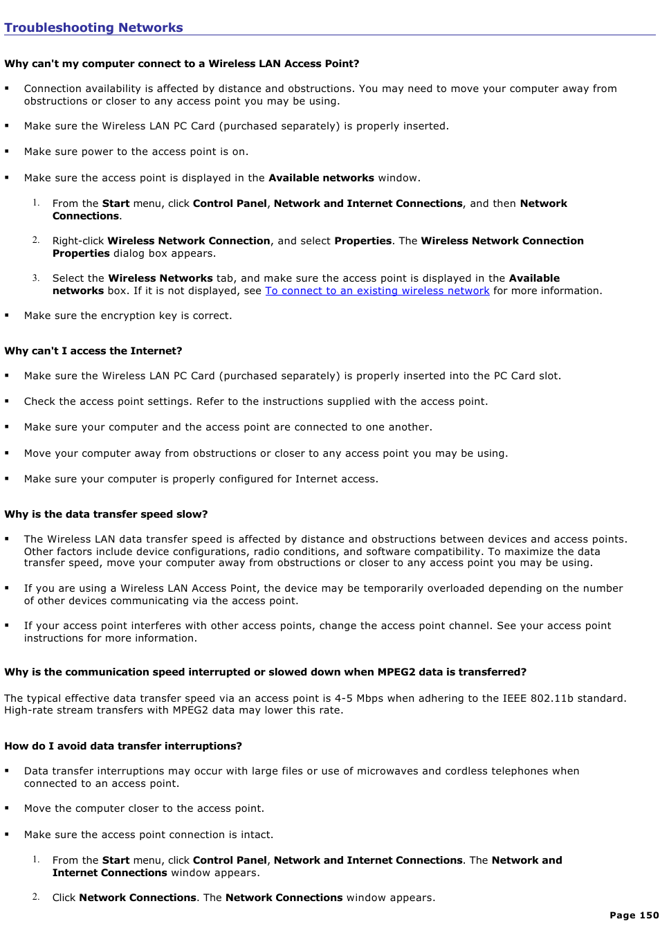 Troubleshooting networks | Sony PCG-FXA63 User Manual | Page 150 / 162