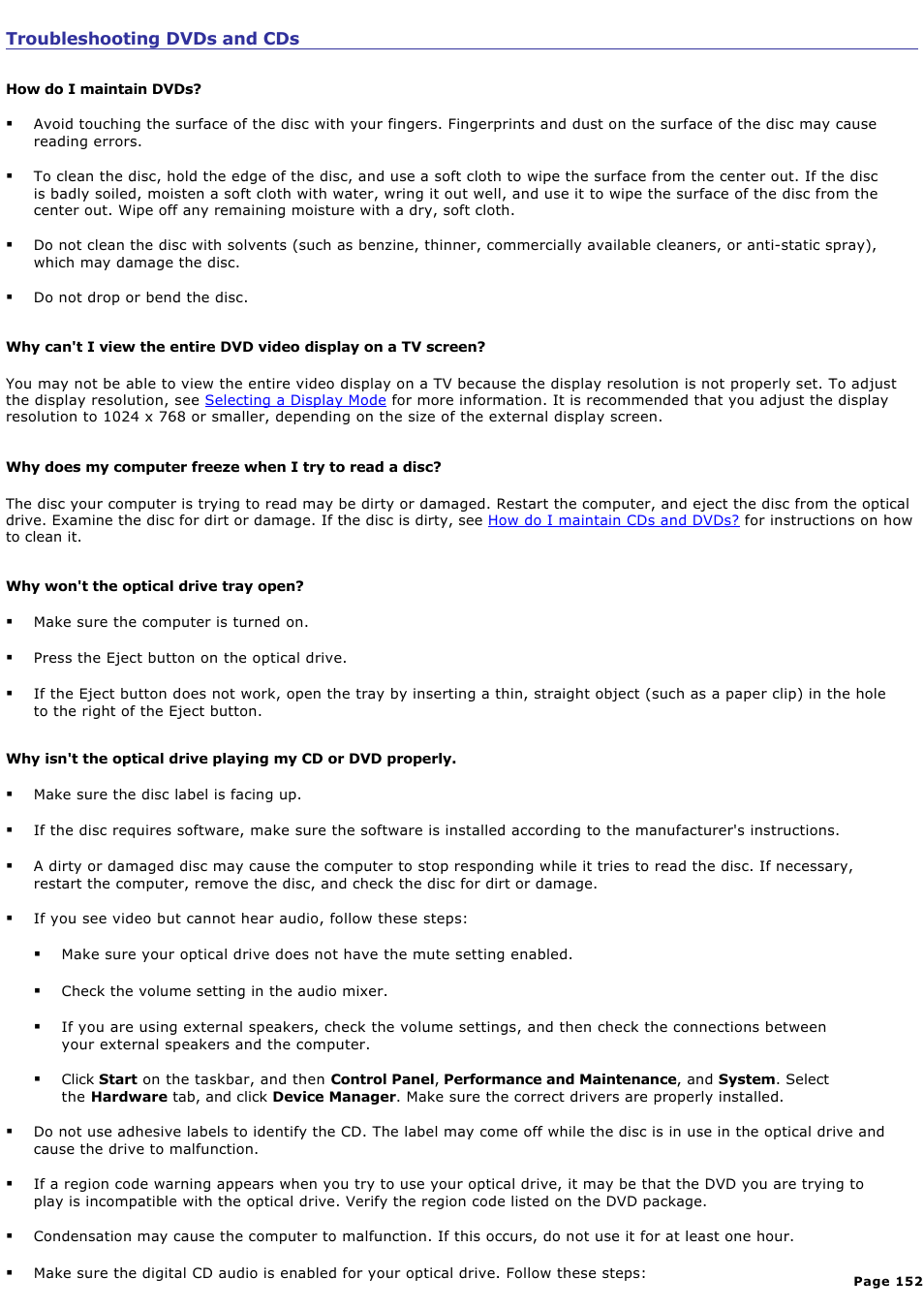 Troubleshooting dvds and cds | Sony PCG-FXA63 User Manual | Page 152 / 162