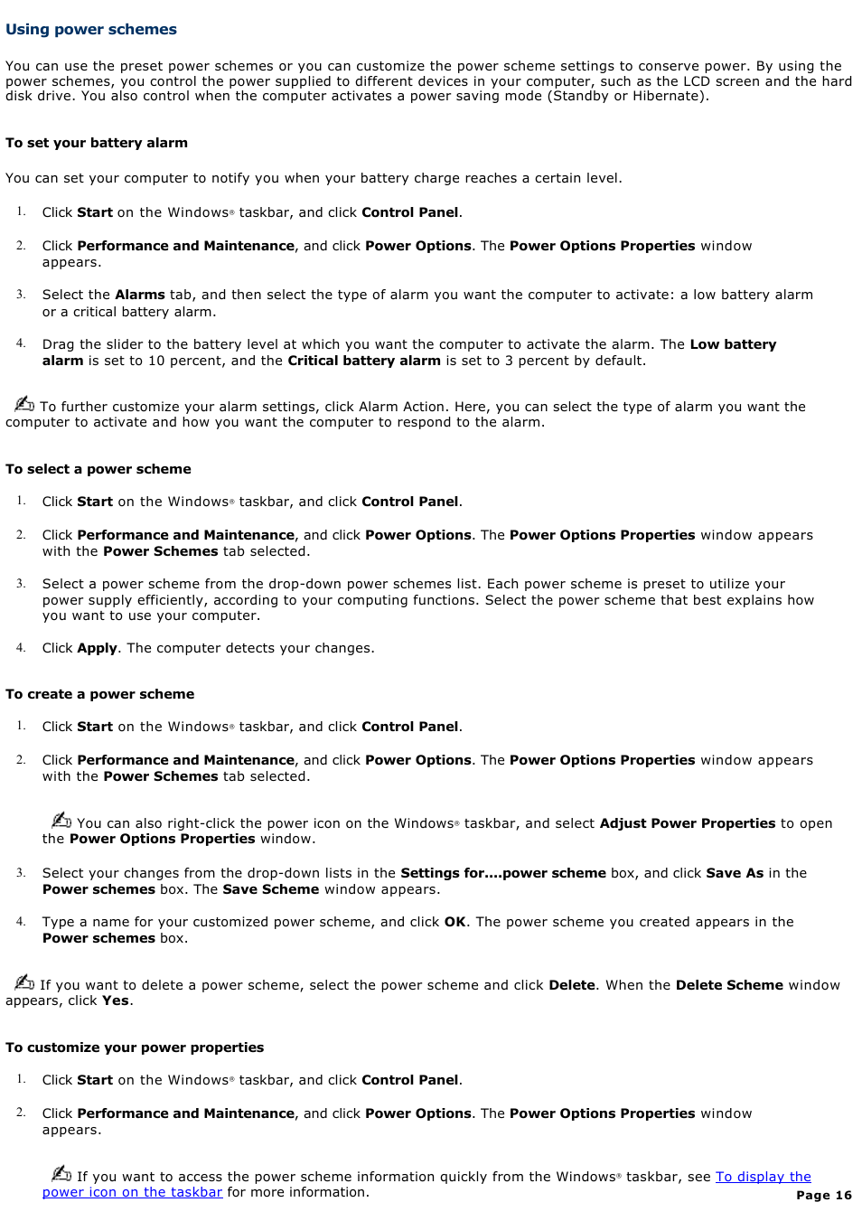 Using power schemes | Sony PCG-FXA63 User Manual | Page 16 / 162