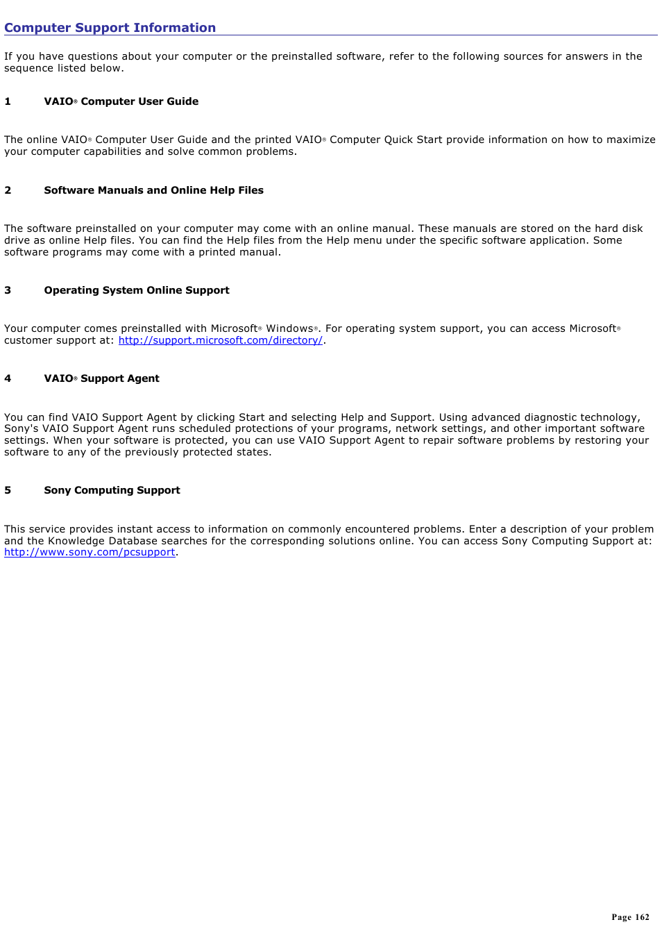 Computer support information | Sony PCG-FXA63 User Manual | Page 162 / 162