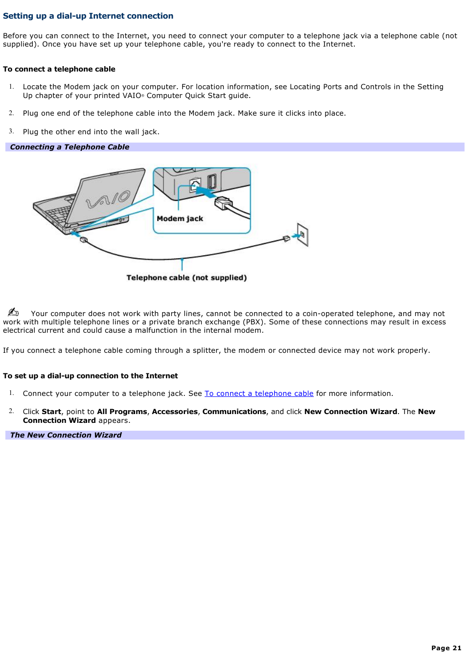 Setting up a dial-up internet connection | Sony PCG-FXA63 User Manual | Page 21 / 162