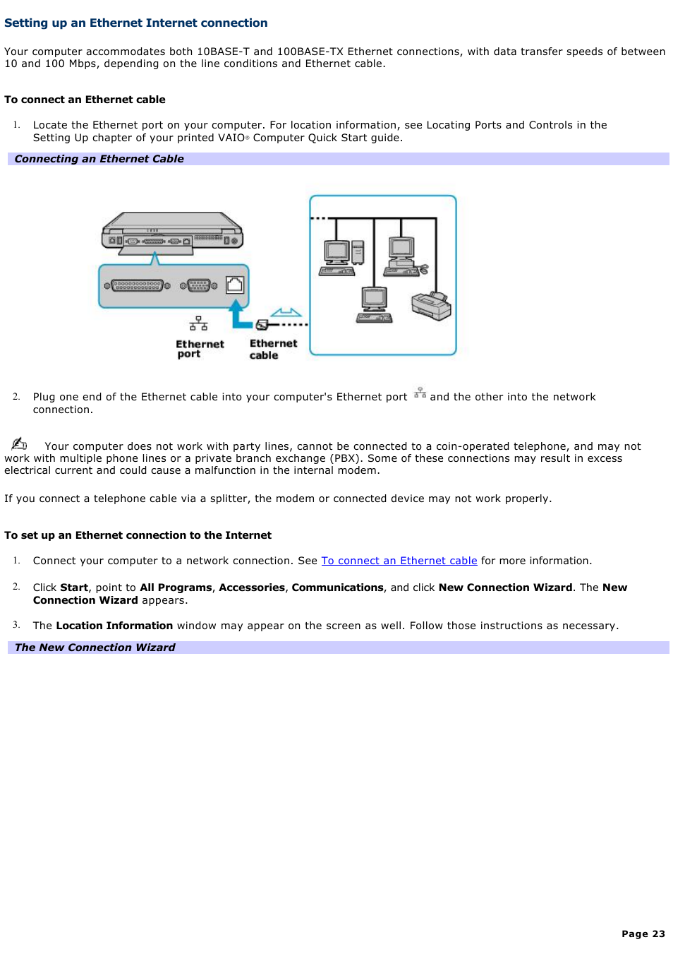 Setting up an ethernet internet connection | Sony PCG-FXA63 User Manual | Page 23 / 162