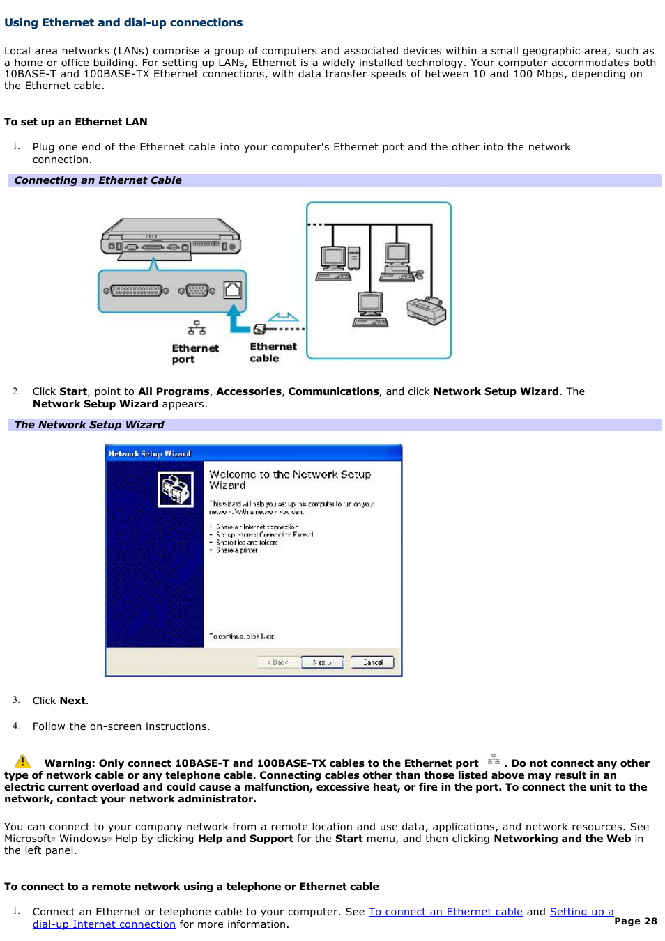 Using ethernet and dial-up connections | Sony PCG-FXA63 User Manual | Page 28 / 162