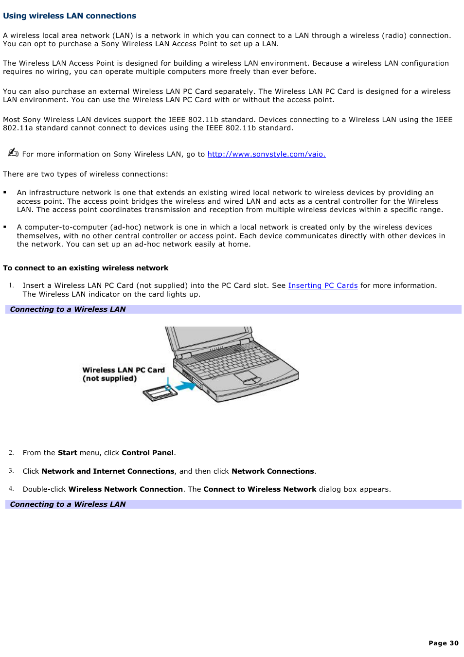 Using wireless lan connections | Sony PCG-FXA63 User Manual | Page 30 / 162