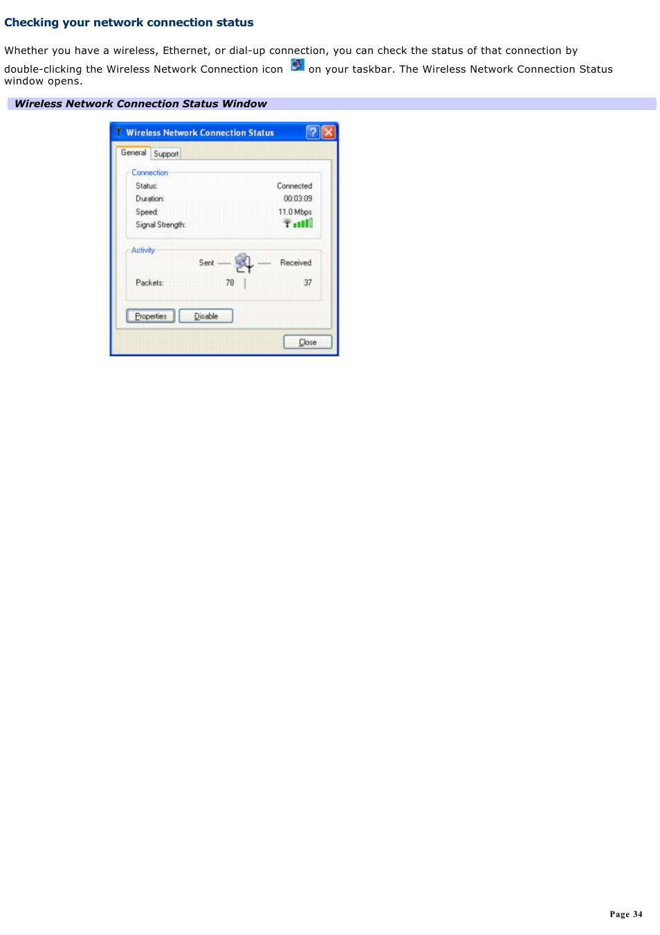 Checking your network connection status | Sony PCG-FXA63 User Manual | Page 34 / 162