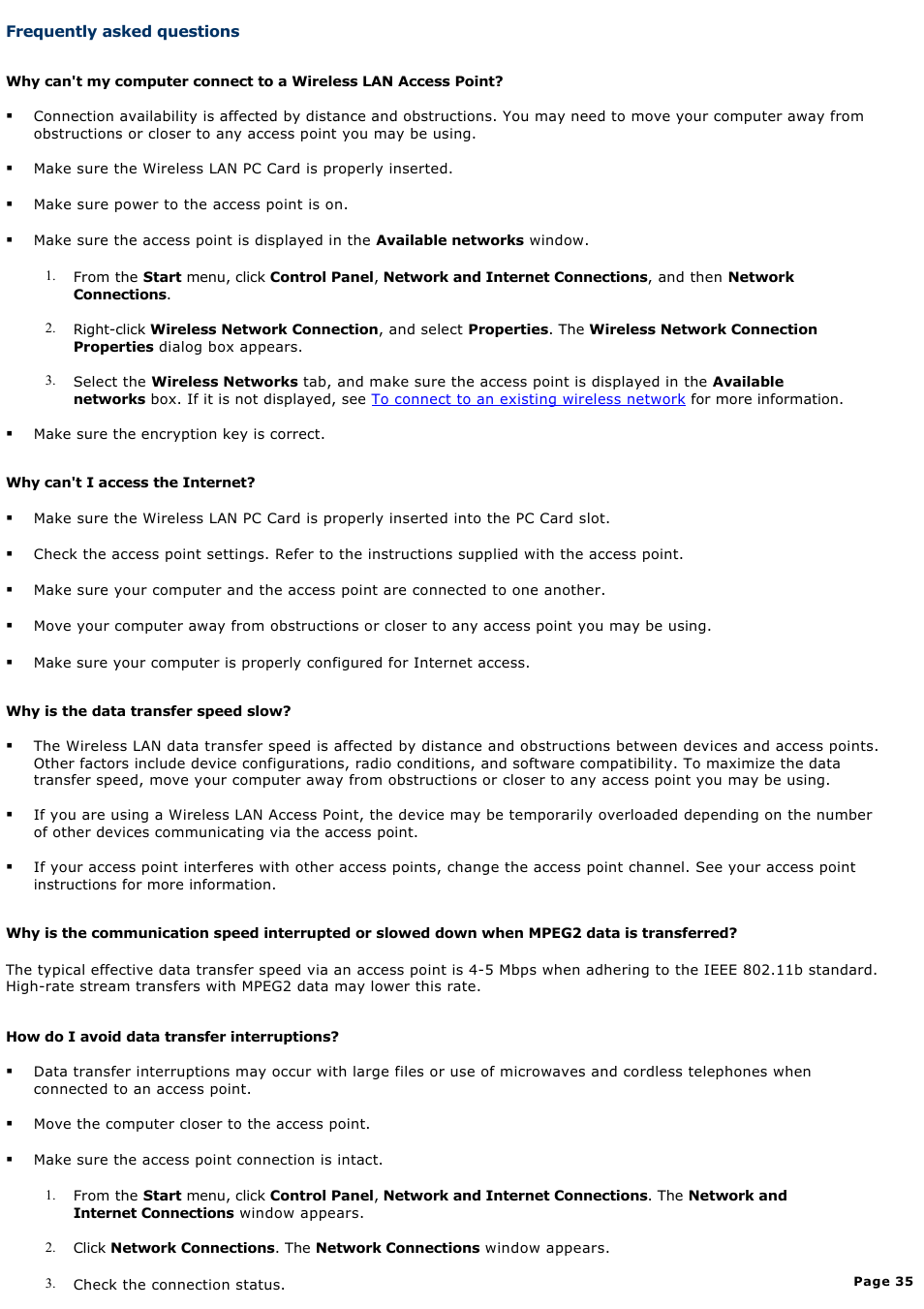 Frequently asked questions | Sony PCG-FXA63 User Manual | Page 35 / 162