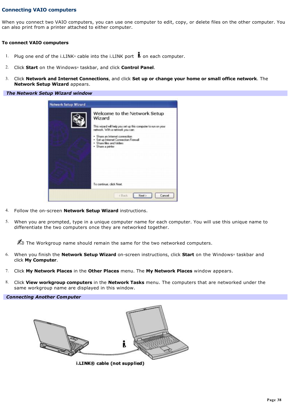 Connecting vaio computers | Sony PCG-FXA63 User Manual | Page 38 / 162