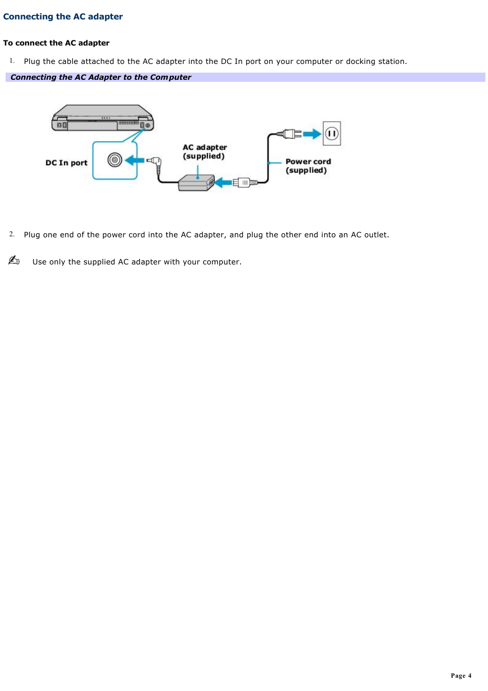 Connecting the ac adapter | Sony PCG-FXA63 User Manual | Page 4 / 162