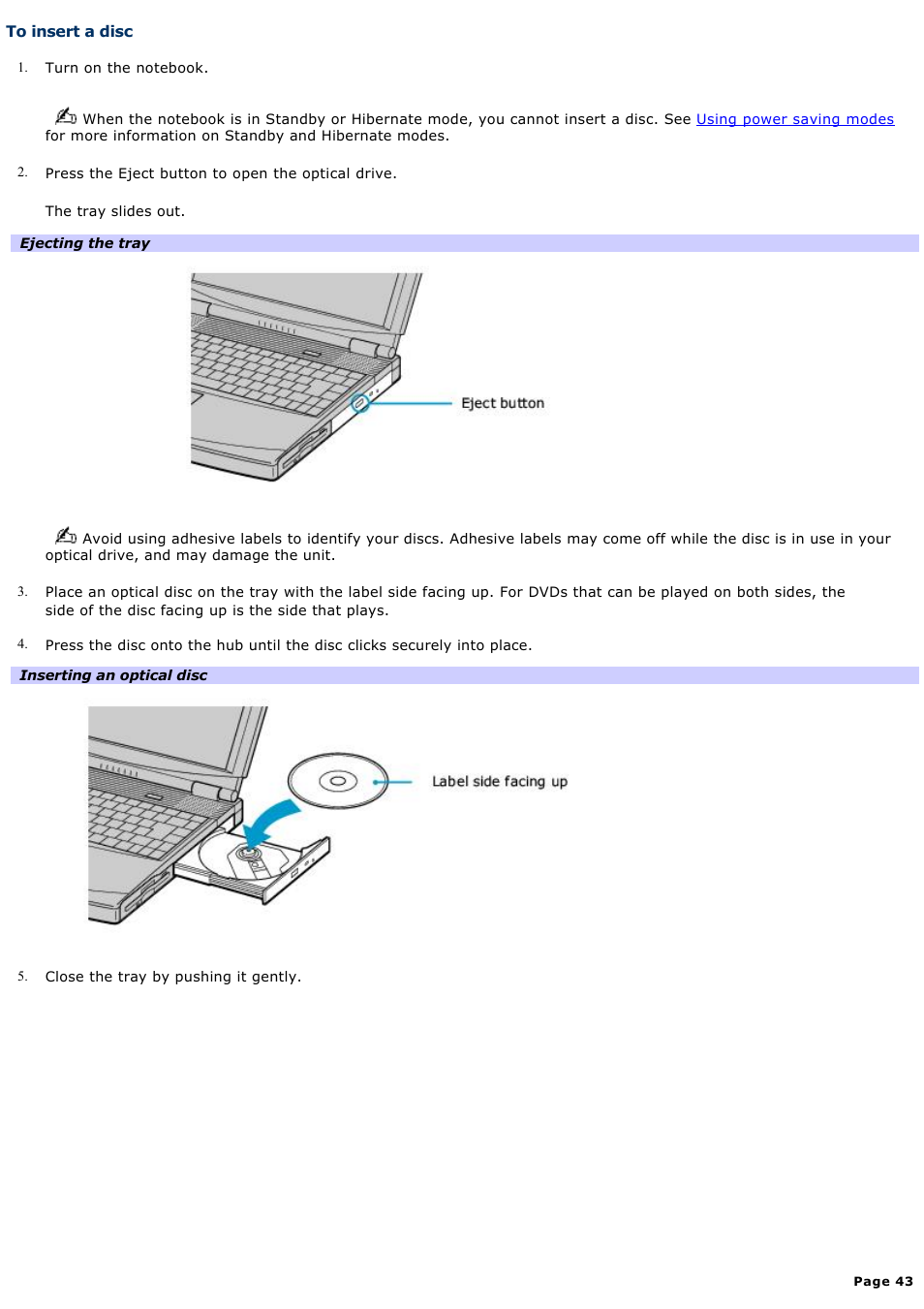 To insert a disc | Sony PCG-FXA63 User Manual | Page 43 / 162