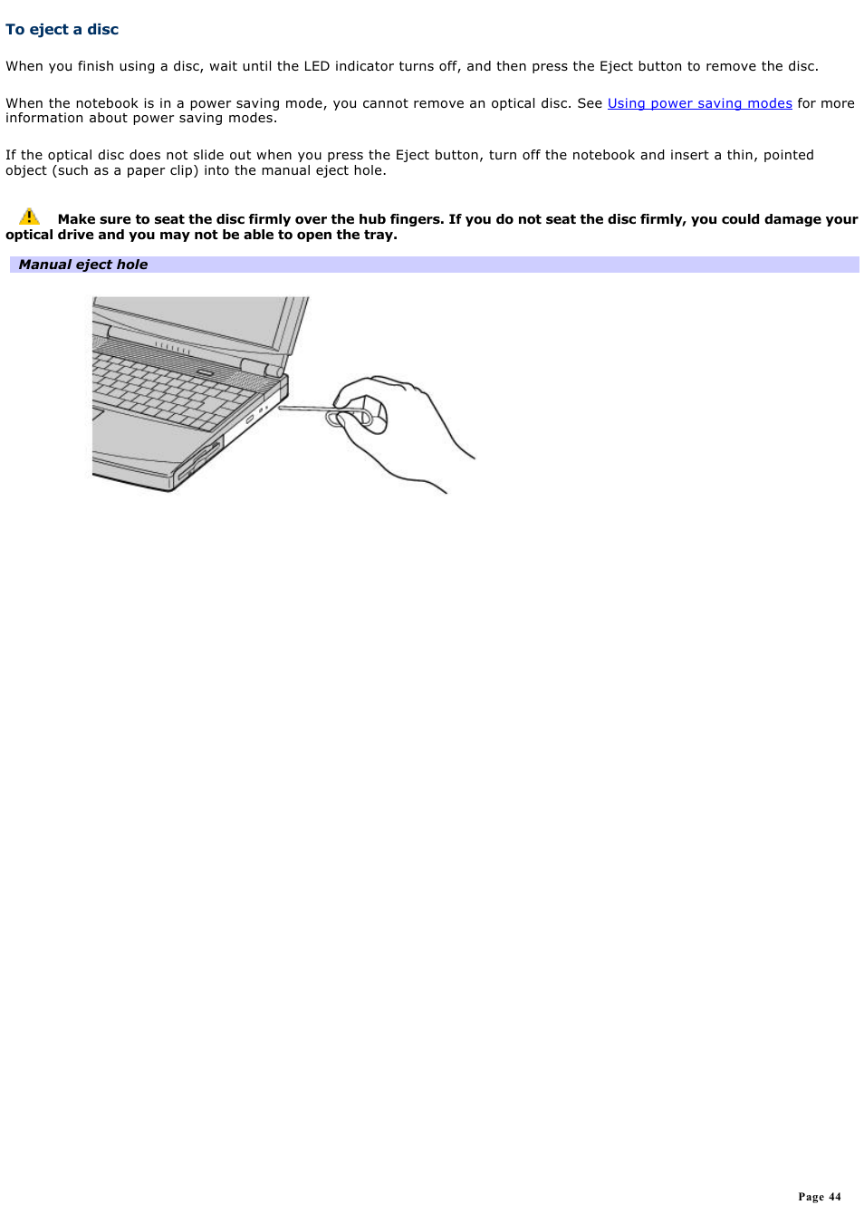 To eject a disc | Sony PCG-FXA63 User Manual | Page 44 / 162