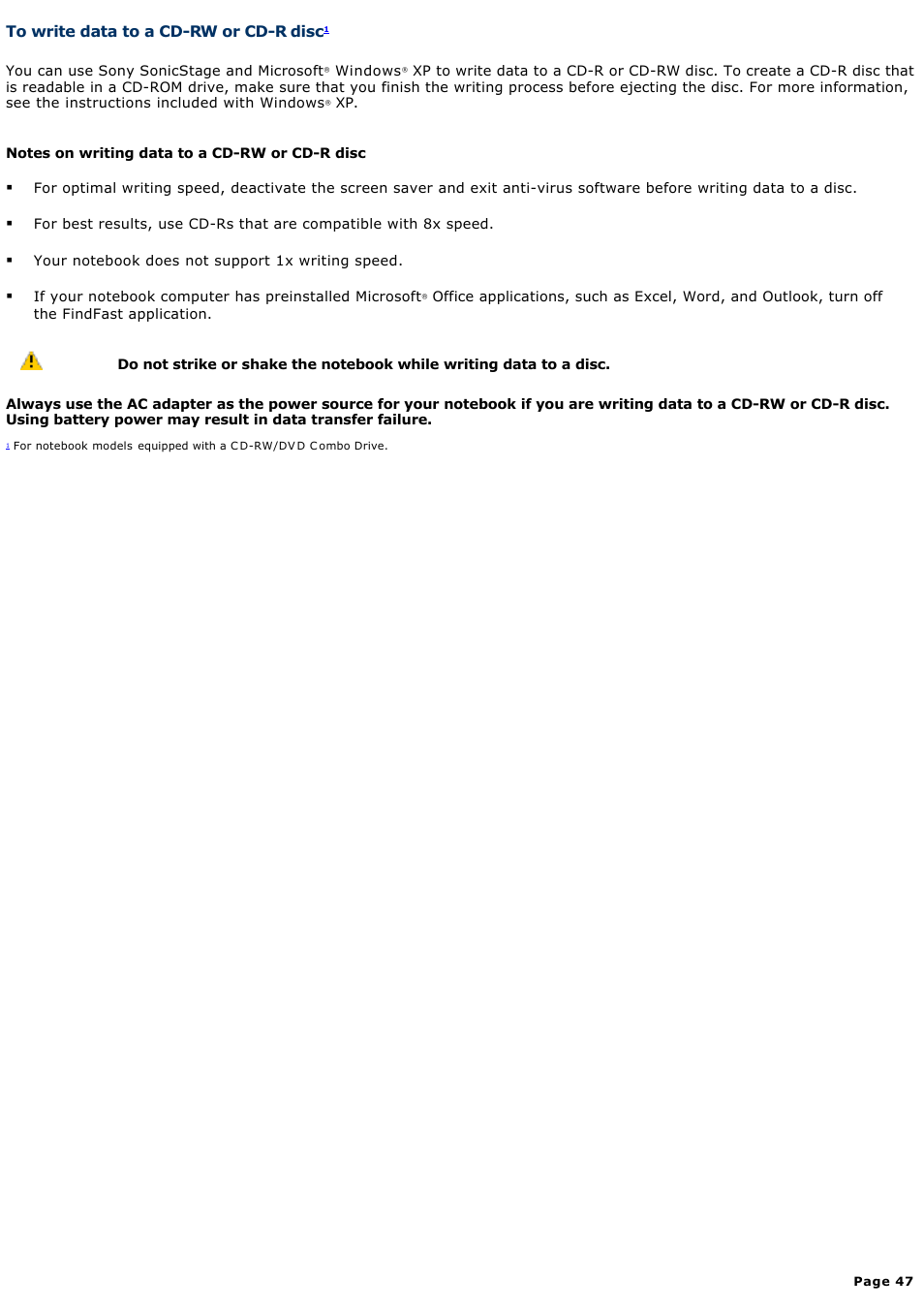 To write data to a cd-rw or cd-r disc | Sony PCG-FXA63 User Manual | Page 47 / 162