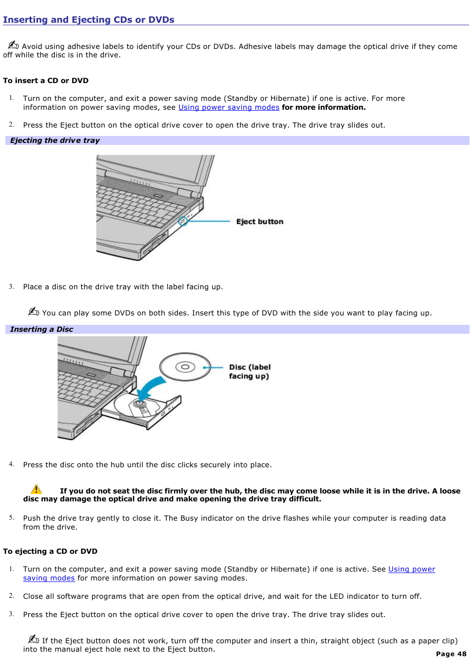 Inserting and ejecting cds or dvds | Sony PCG-FXA63 User Manual | Page 48 / 162