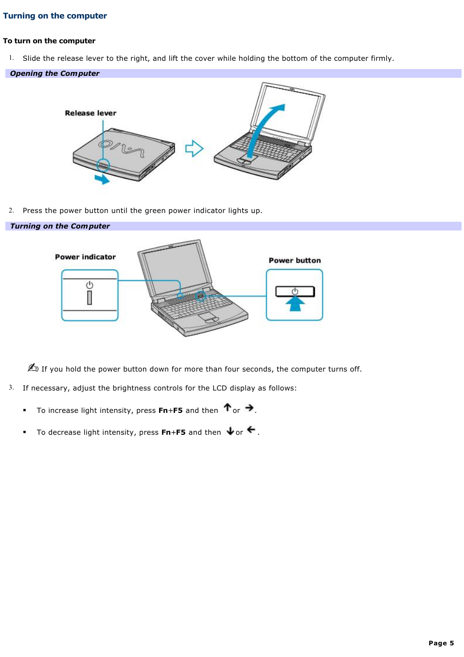 Turning on the computer | Sony PCG-FXA63 User Manual | Page 5 / 162
