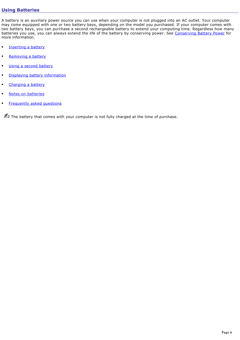 Using batteries | Sony PCG-FXA63 User Manual | Page 6 / 162