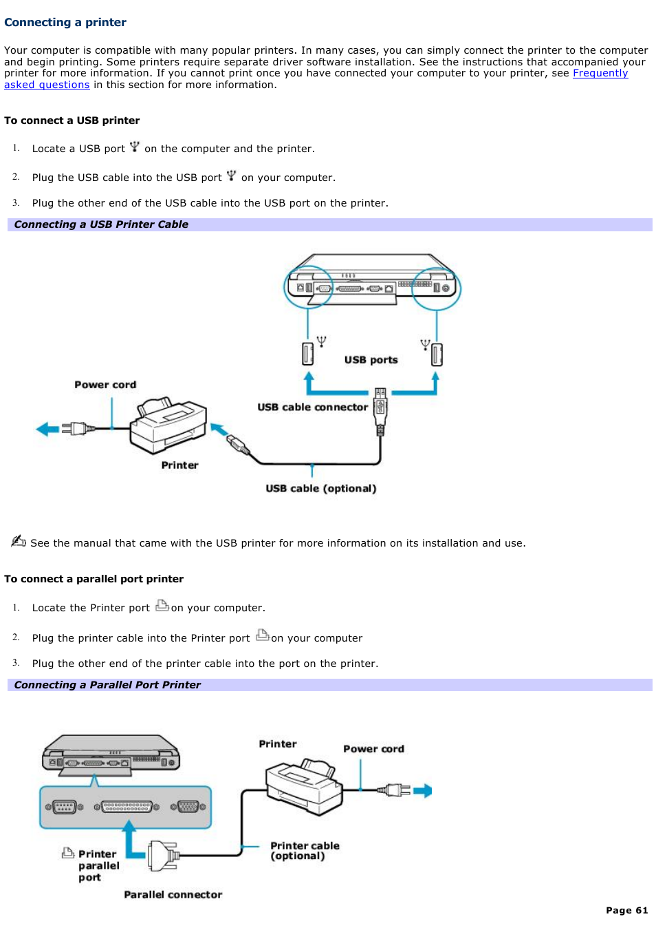 Connecting a printer | Sony PCG-FXA63 User Manual | Page 61 / 162