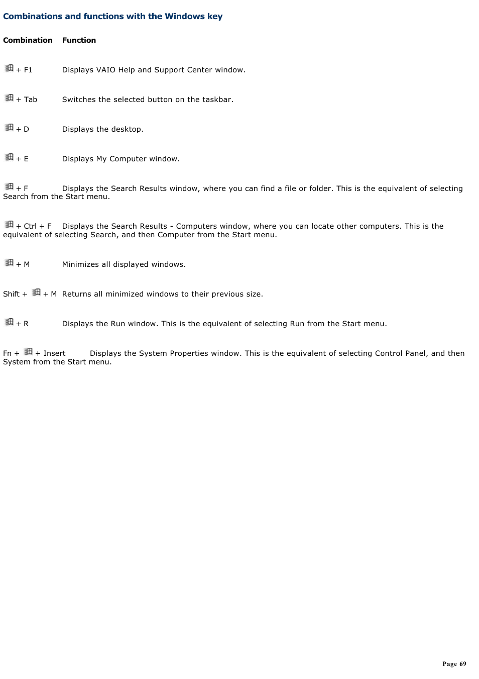 Combinations and functions with the windows key, For more information | Sony PCG-FXA63 User Manual | Page 69 / 162