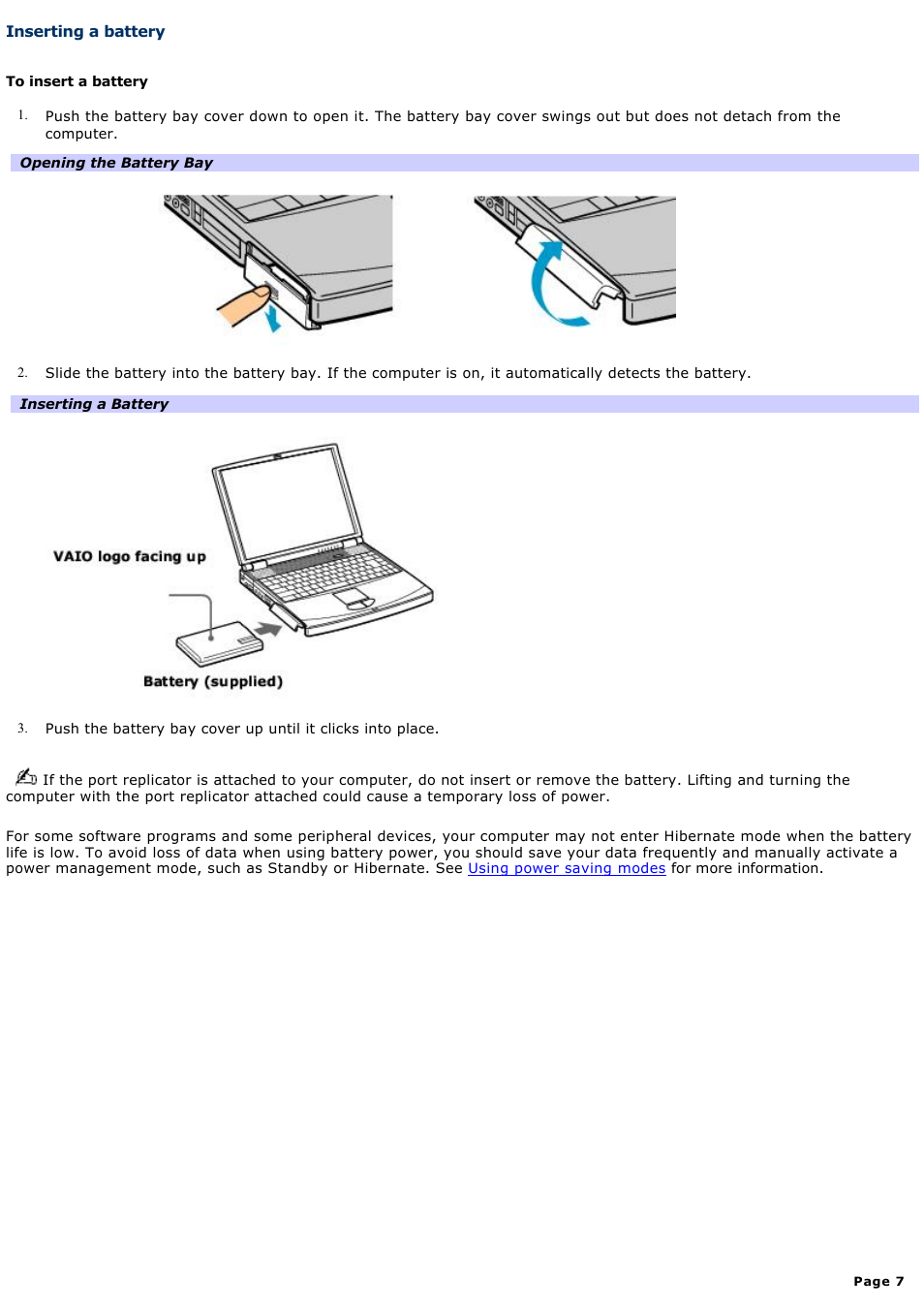 Inserting a battery | Sony PCG-FXA63 User Manual | Page 7 / 162