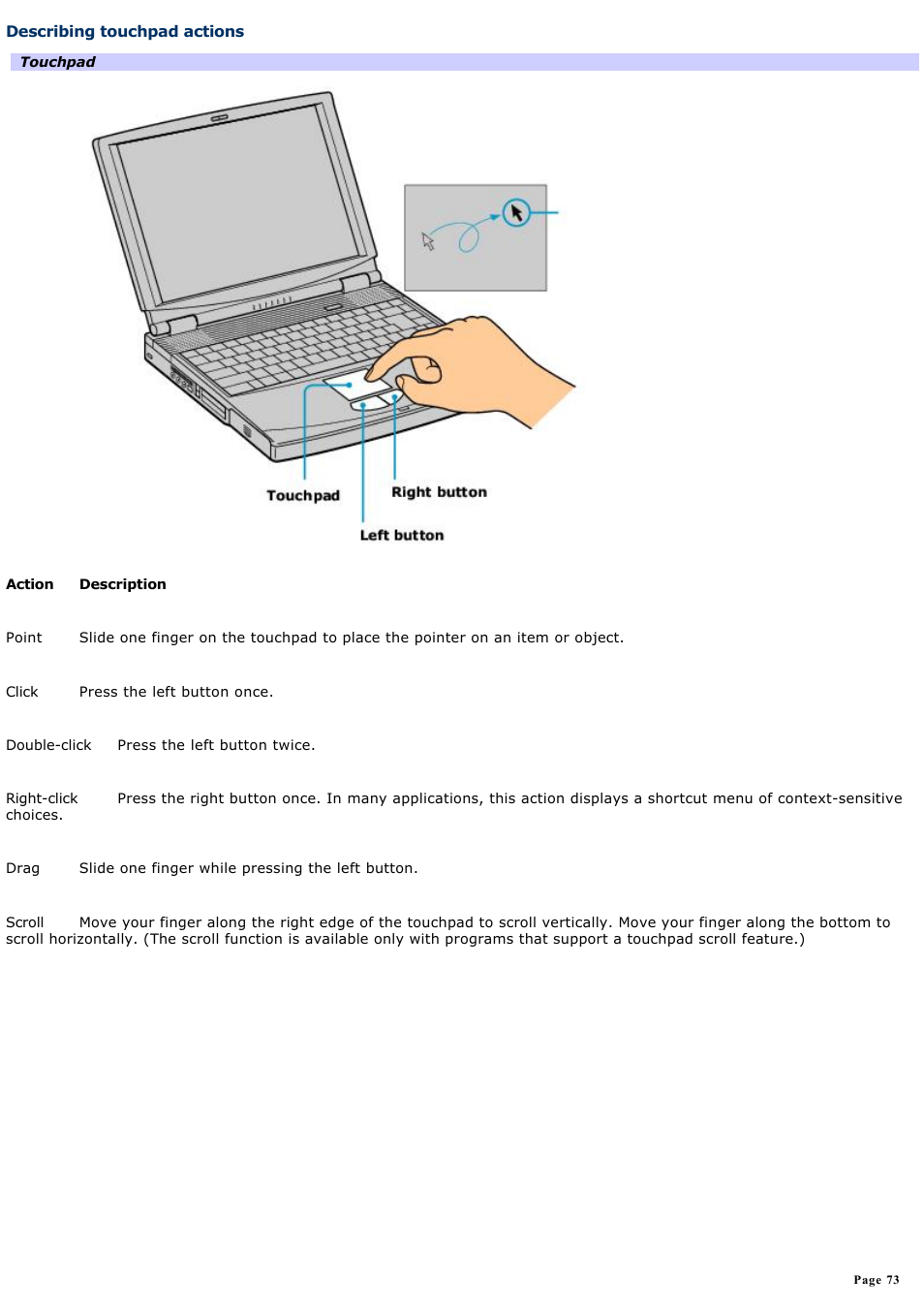 Describing touchpad actions | Sony PCG-FXA63 User Manual | Page 73 / 162