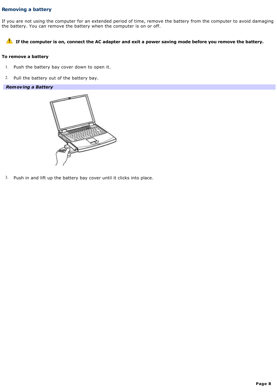 Removing a battery | Sony PCG-FXA63 User Manual | Page 8 / 162