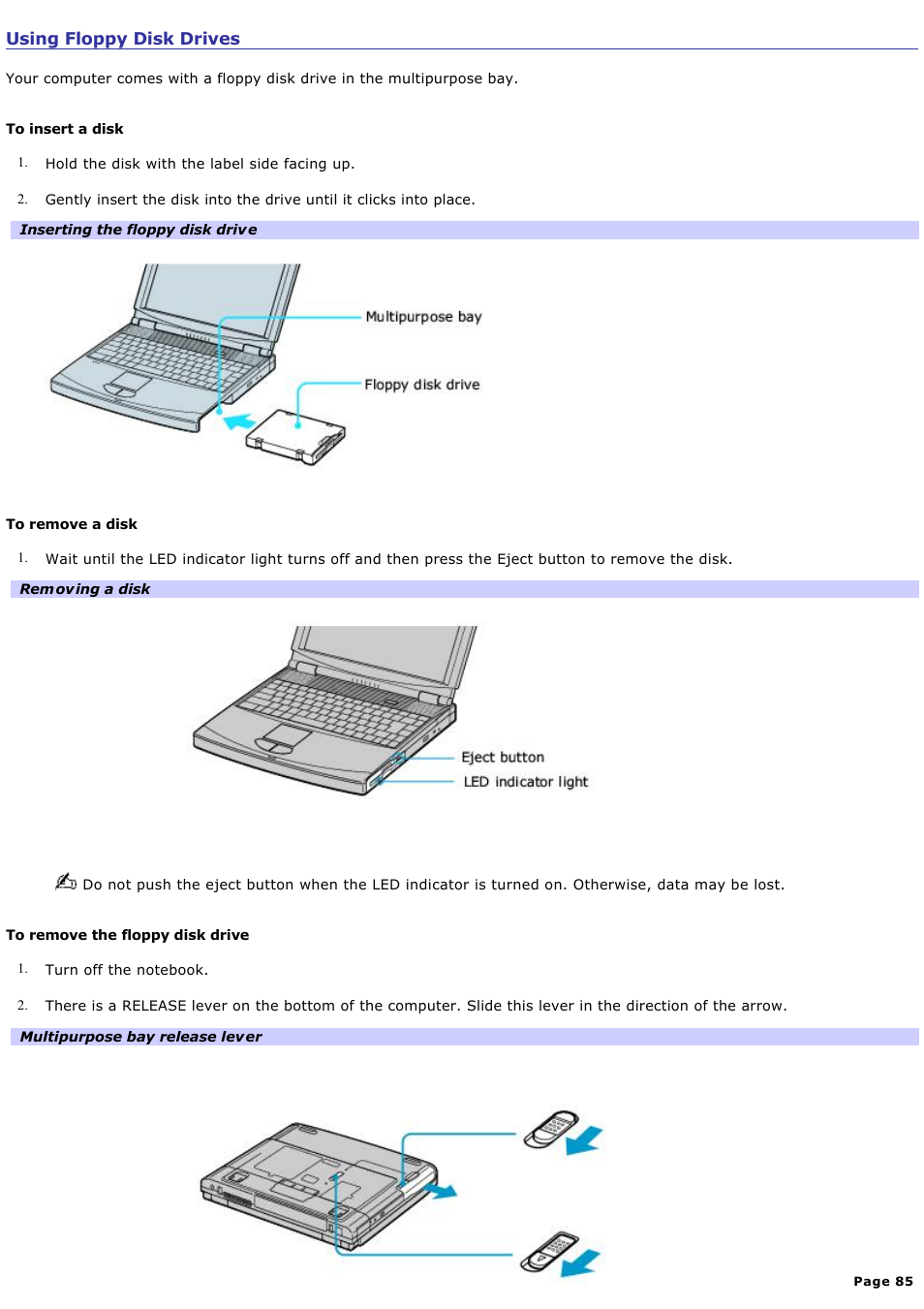 Using floppy disk drives | Sony PCG-FXA63 User Manual | Page 85 / 162