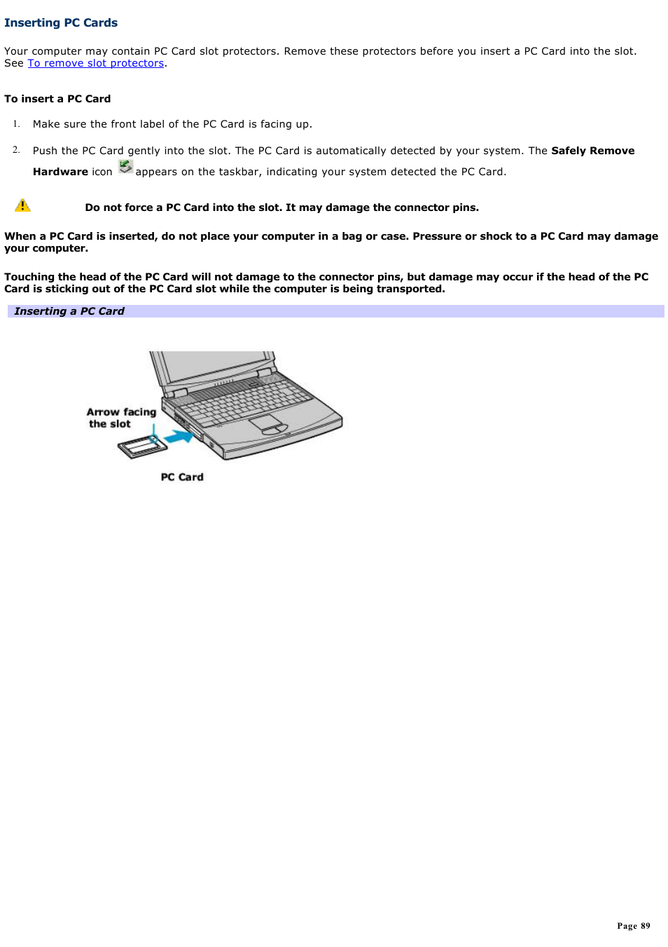 Inserting pc cards | Sony PCG-FXA63 User Manual | Page 89 / 162