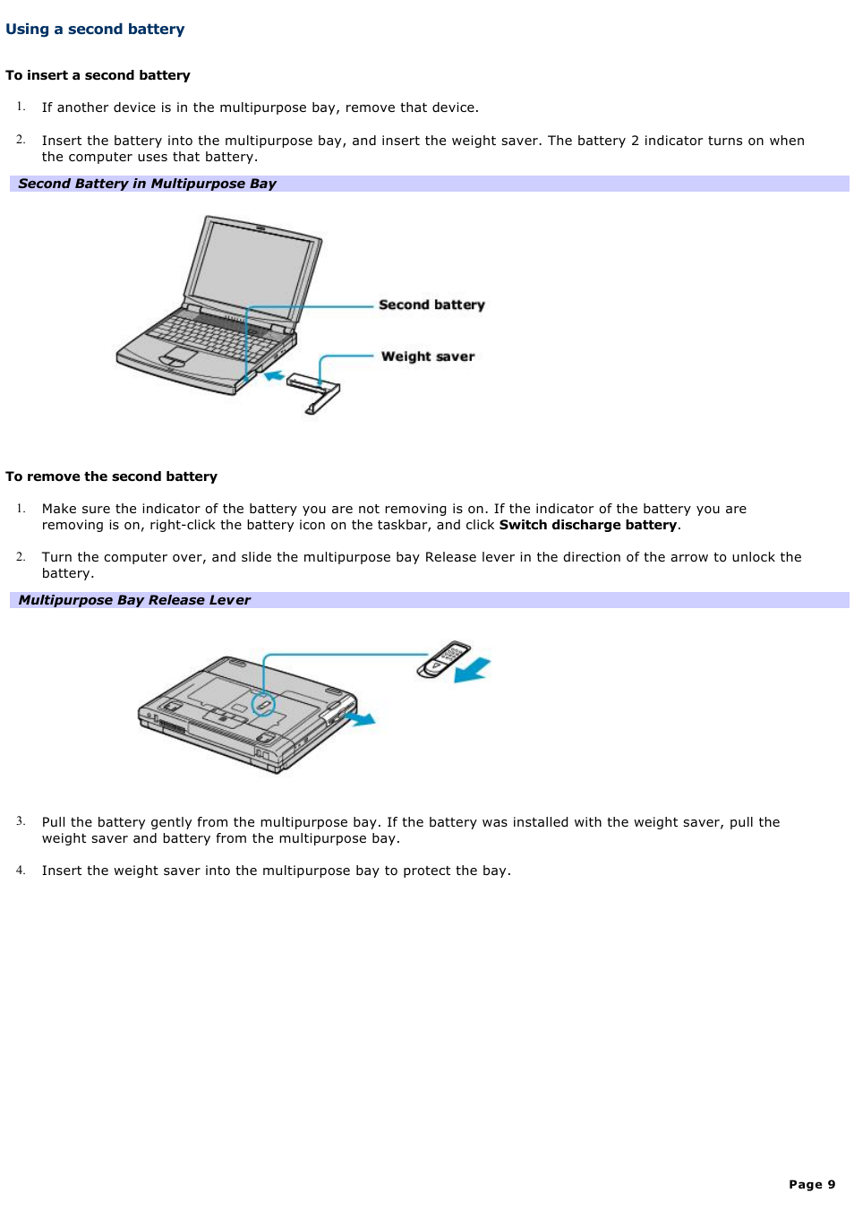 Using a second battery | Sony PCG-FXA63 User Manual | Page 9 / 162