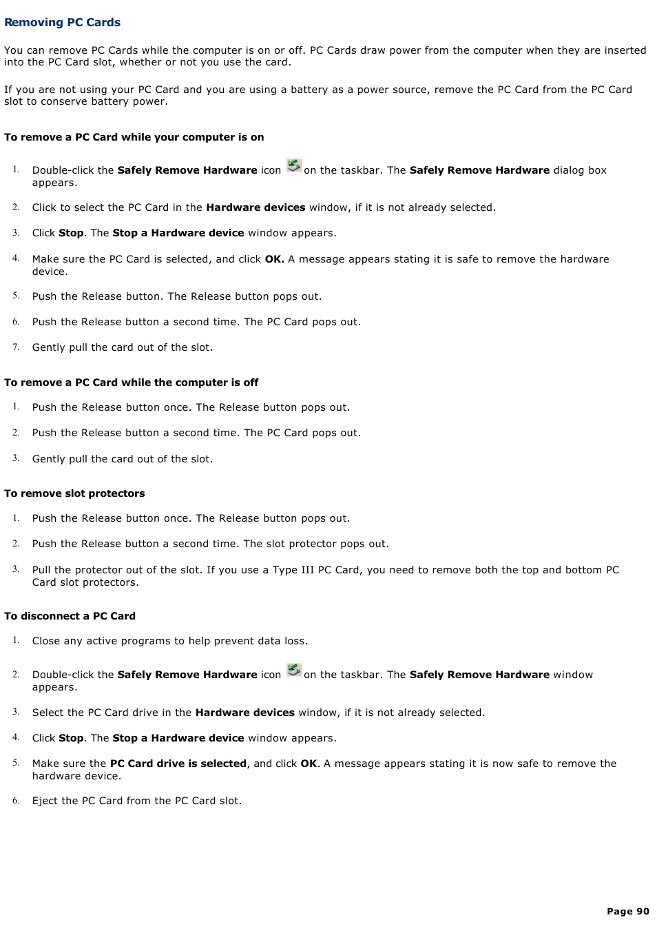 Removing pc cards | Sony PCG-FXA63 User Manual | Page 90 / 162