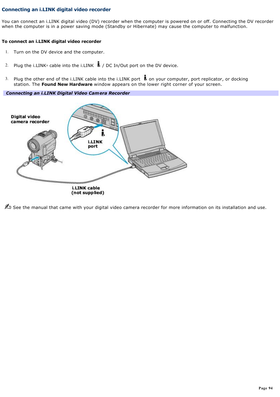 Connecting an i.link digital video recorder | Sony PCG-FXA63 User Manual | Page 94 / 162