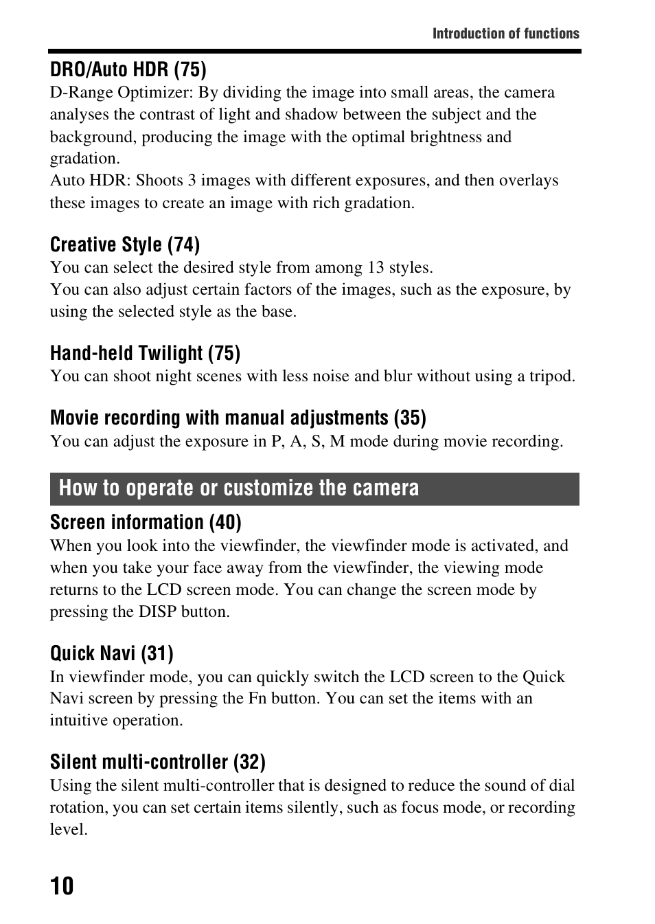 How to operate or customize the camera | Sony SLT-A99V User Manual | Page 10 / 100