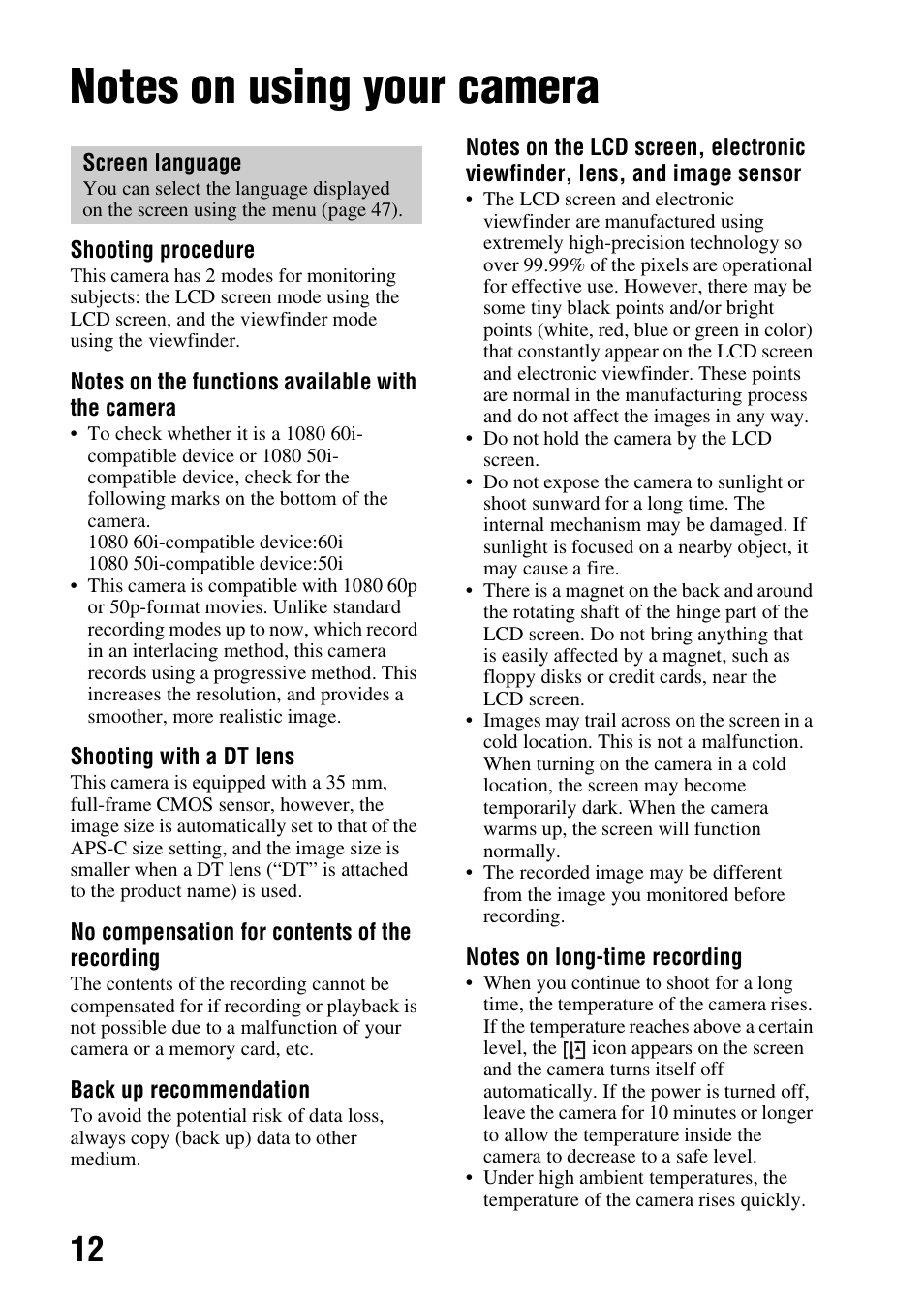 Before use, Notes on using your camera | Sony SLT-A99V User Manual | Page 12 / 100