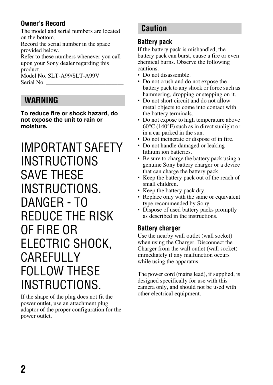 Warning caution | Sony SLT-A99V User Manual | Page 2 / 100