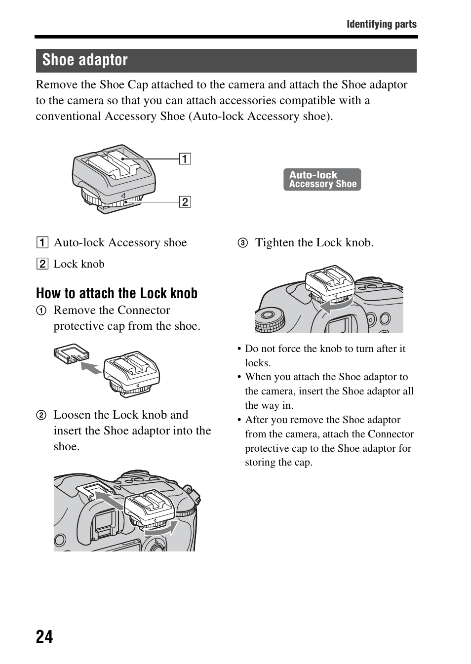 Shoe adaptor, How to attach the lock knob | Sony SLT-A99V User Manual | Page 24 / 100